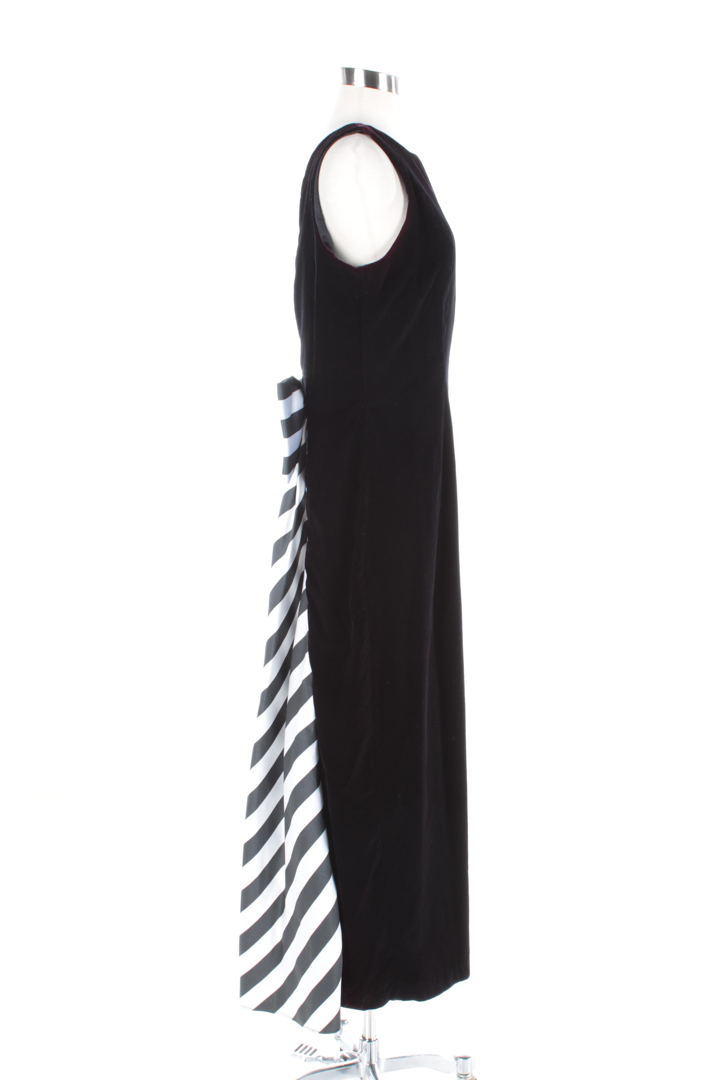 Dave & Johnny Black Velvet Sleeveless Gown with Striped Bow and Train