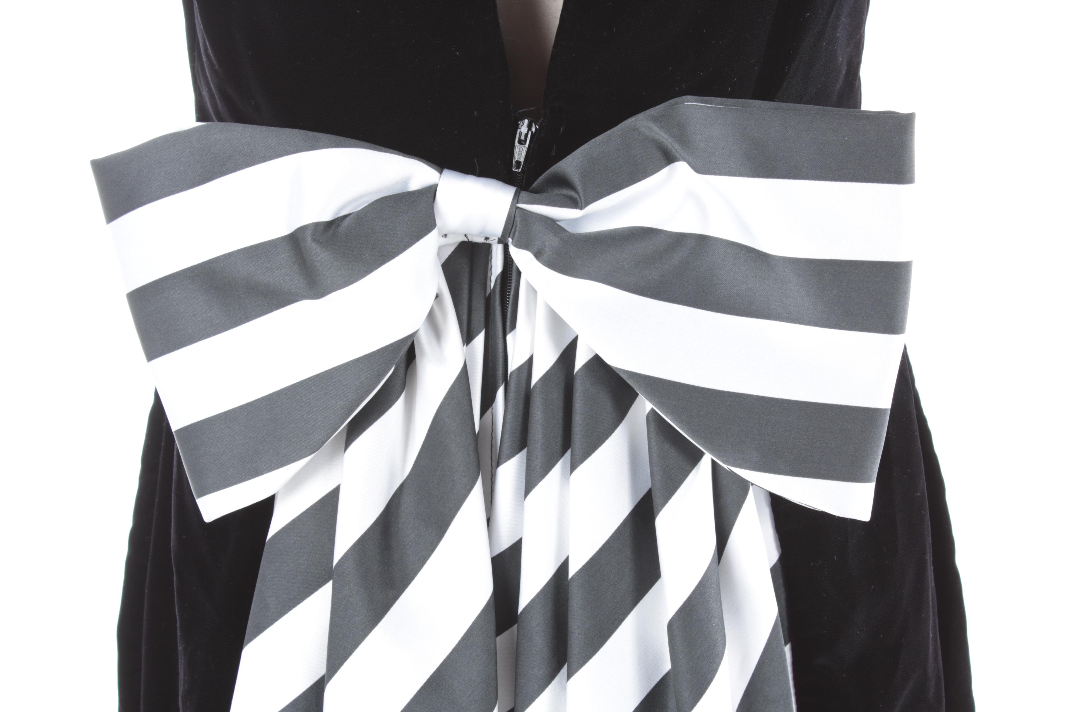 Dave & Johnny Black Velvet Sleeveless Gown with Striped Bow and Train