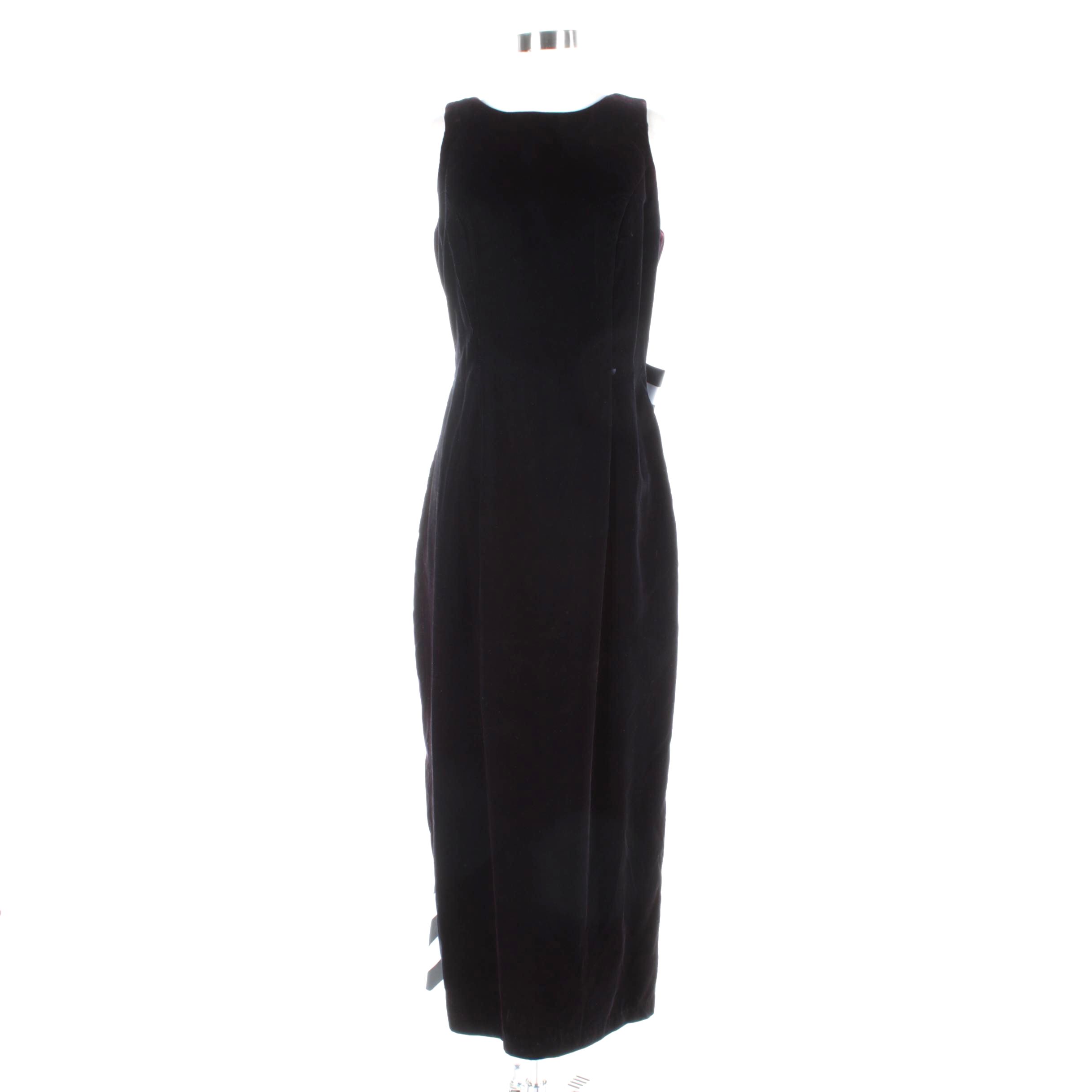 Dave & Johnny Black Velvet Sleeveless Gown with Striped Bow and Train
