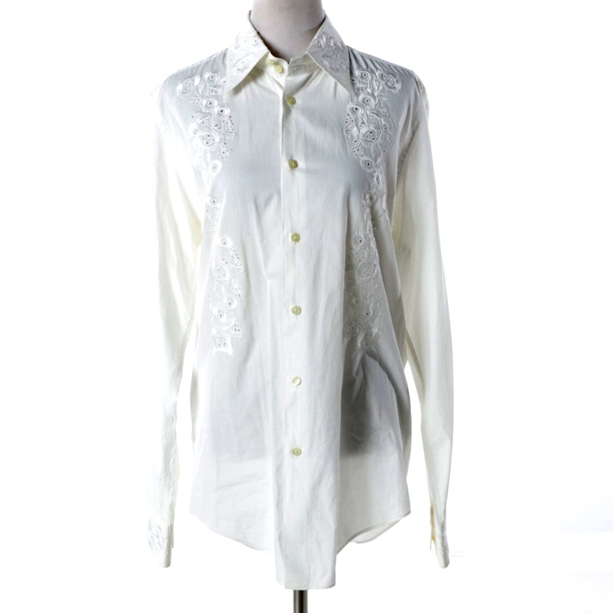Men's Dolce & Gabbana White Embroidered Silk Blend Button-Front Shirt
