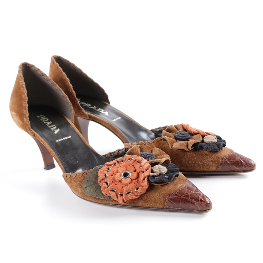Prada Brown Suede D'Orsay Pumps with Suede Rosettes