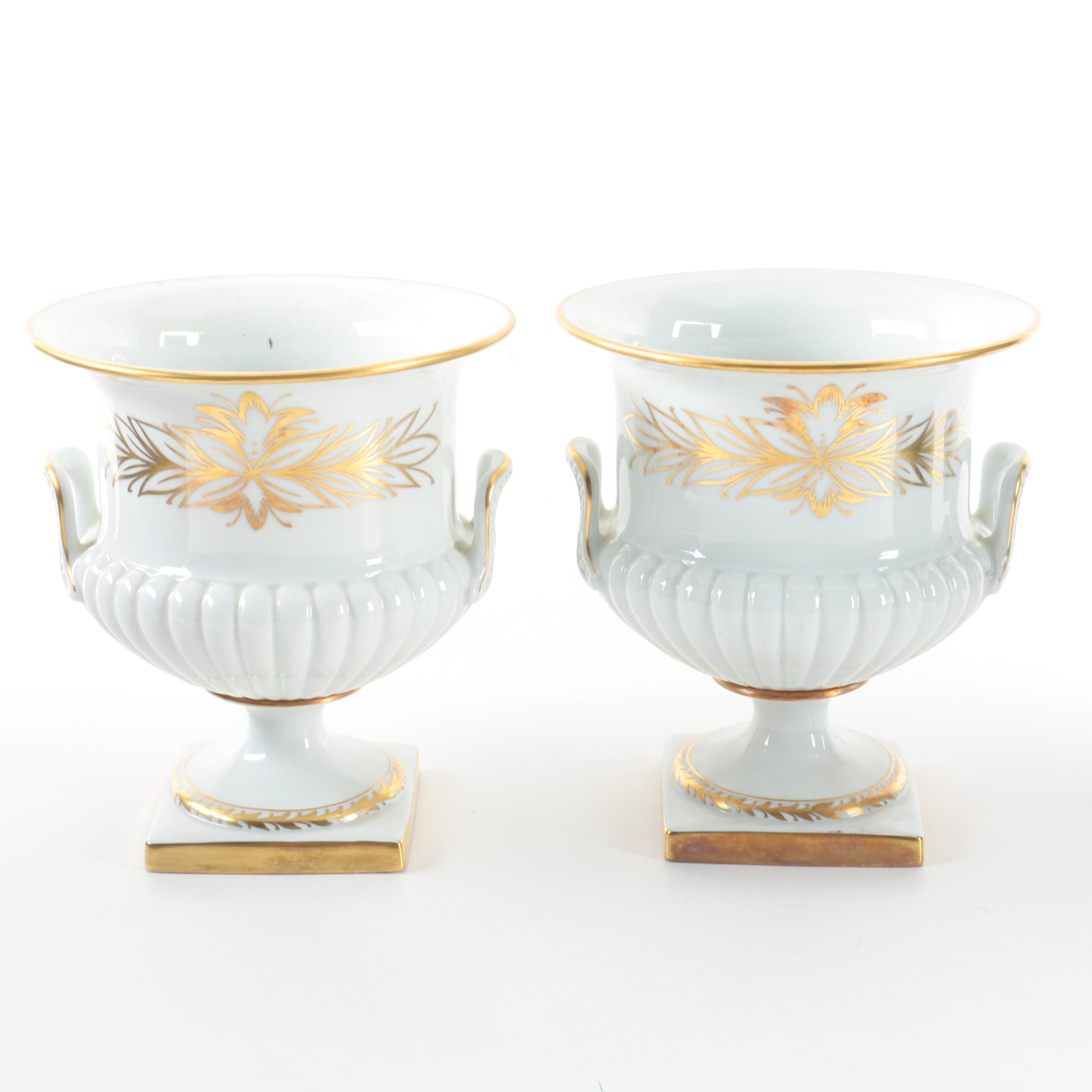 Limoges White and Gold Pedestal Planters