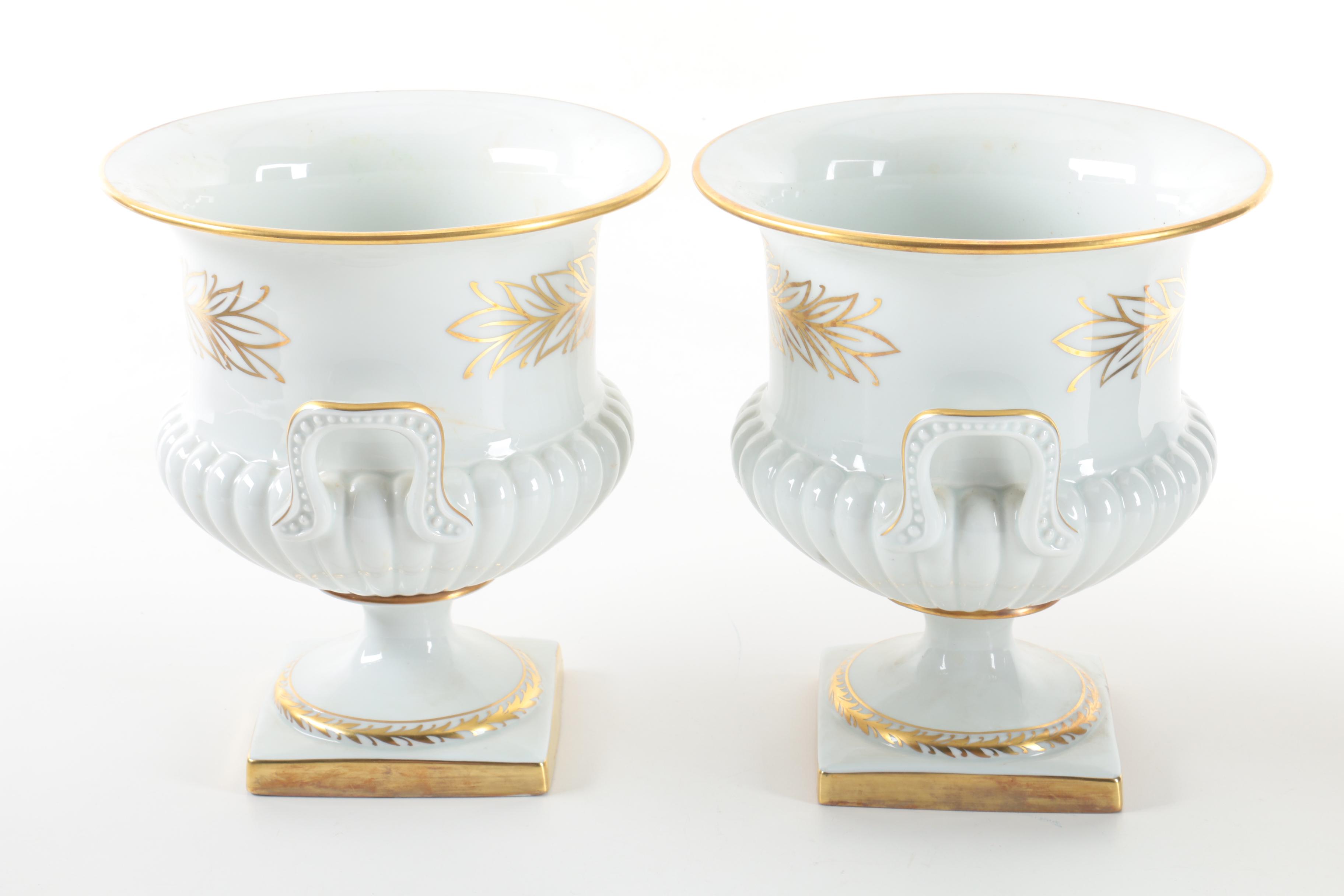 Limoges White and Gold Pedestal Planters