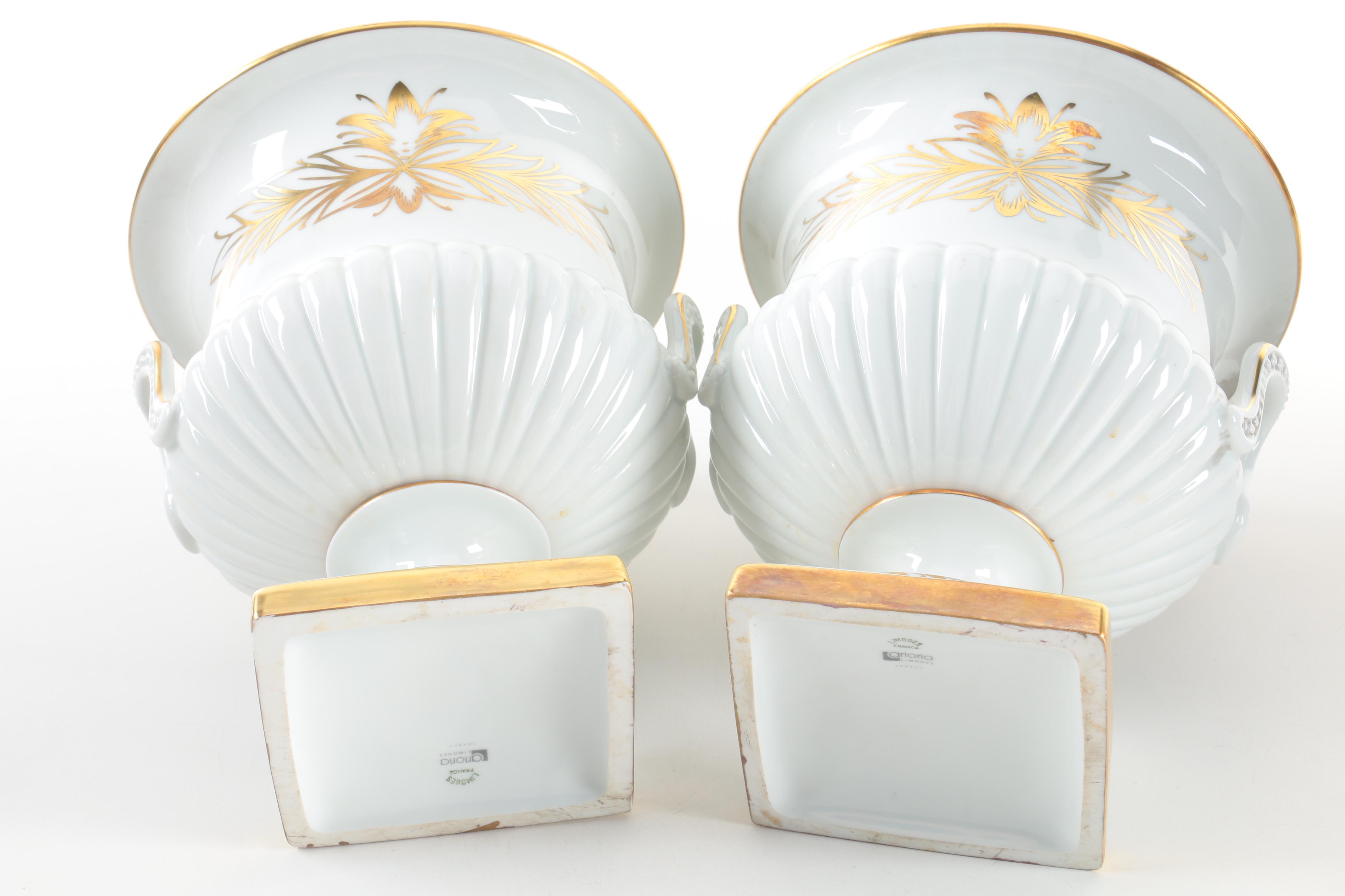 Limoges White and Gold Pedestal Planters