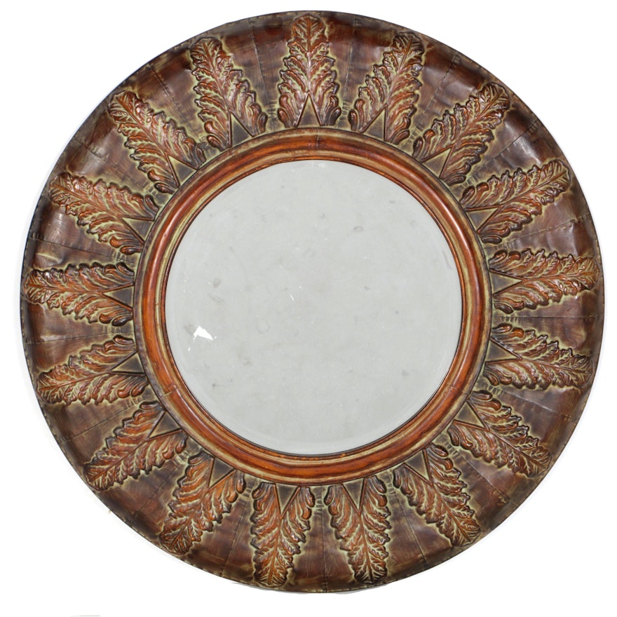 Vintage Metal Framed Round Wall Mirror with Leaf Accents