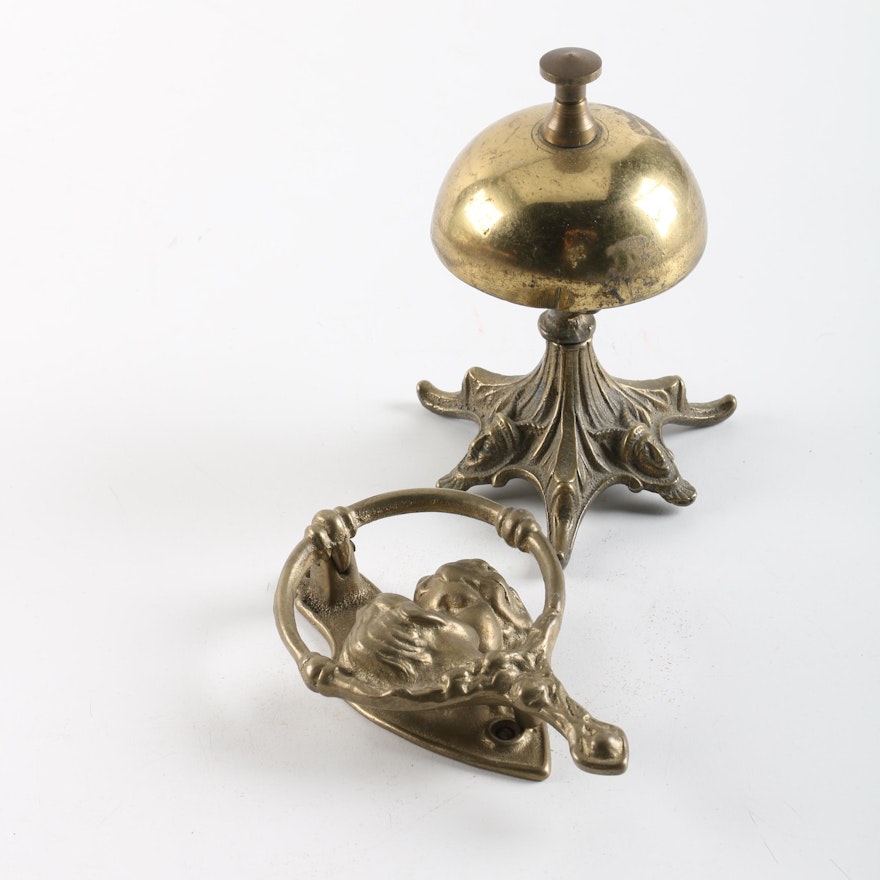 Brass Service Desk Bell With an Ornate Door Knocker