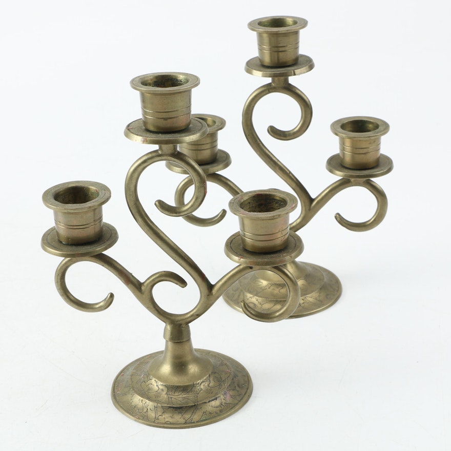Chinese Brass Candlesticks with Scrolled Arms