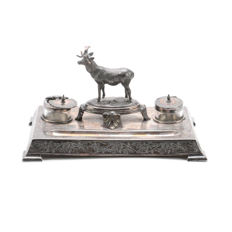 James Deakin & Sons Sheffield, England Silver Plate Stag Inkwell Set