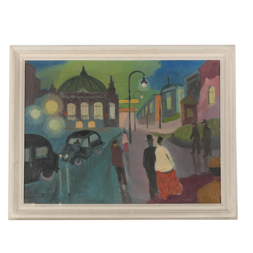 Oil on Canvas Nocturne Street Scene Attributed to Vilhelm Christian Serber