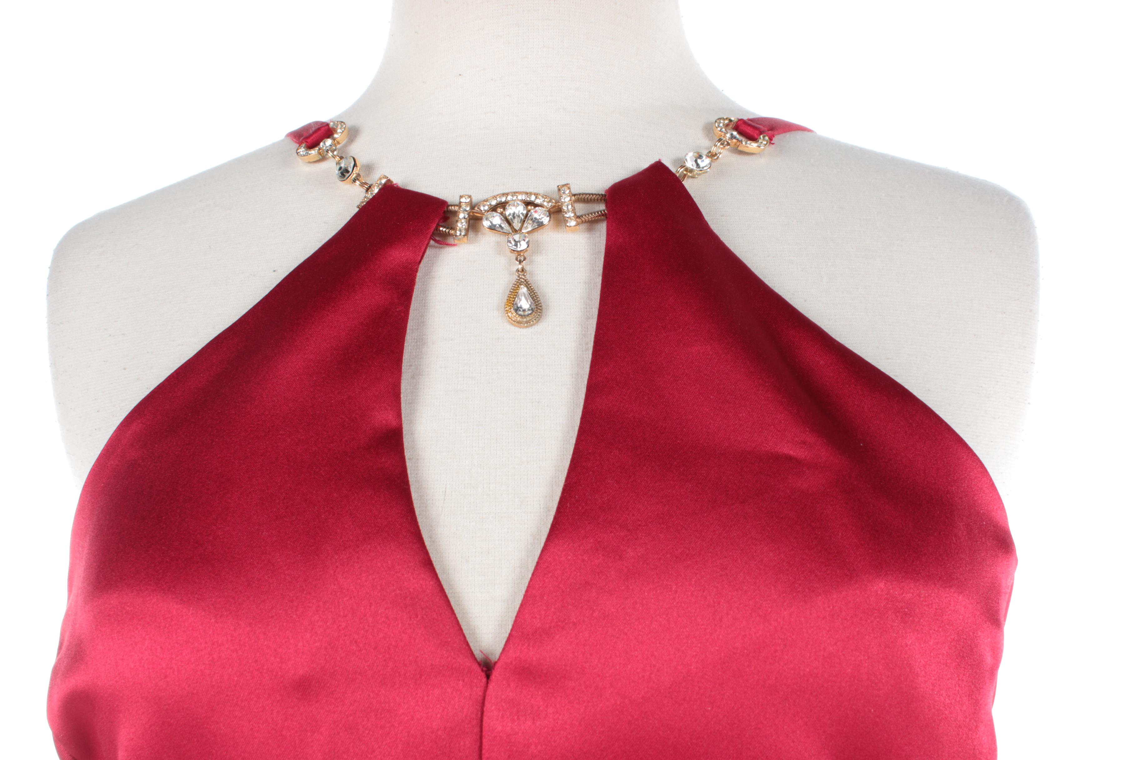 Scott McClintock Red Satin Gown with Foilback Jewel Neckline