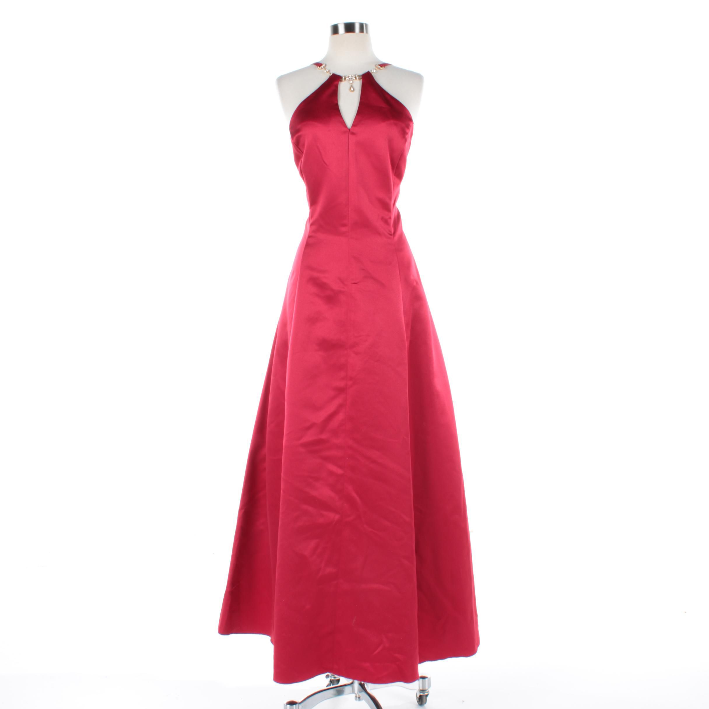 Scott McClintock Red Satin Gown with Foilback Jewel Neckline