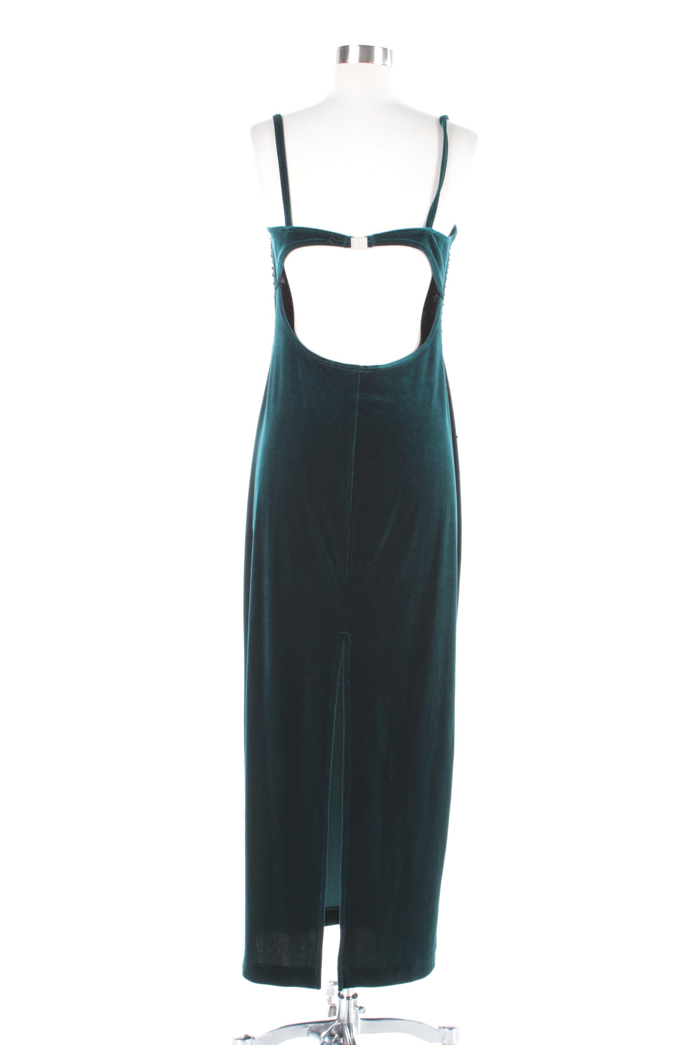 Pinky & Me Green Velvet Beaded Sleeveless Dress