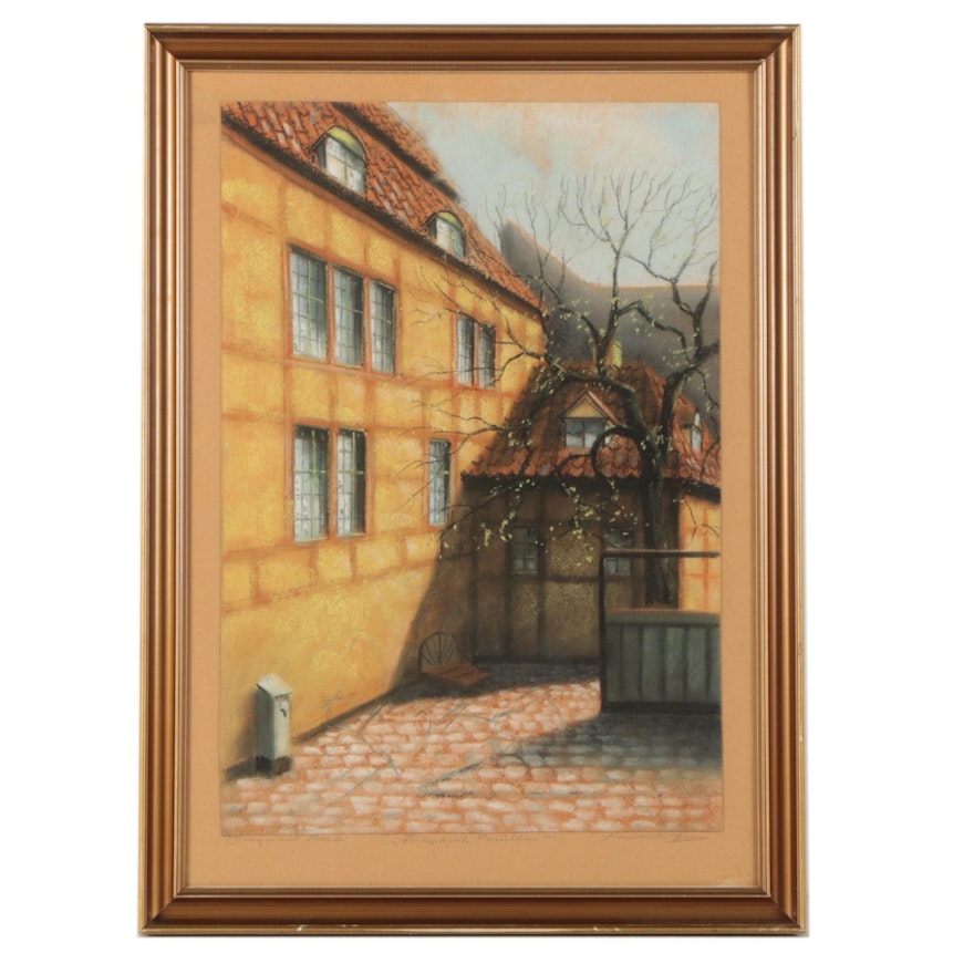 Mid Century Pastel Drawing of Sunlit Danish Courtyard