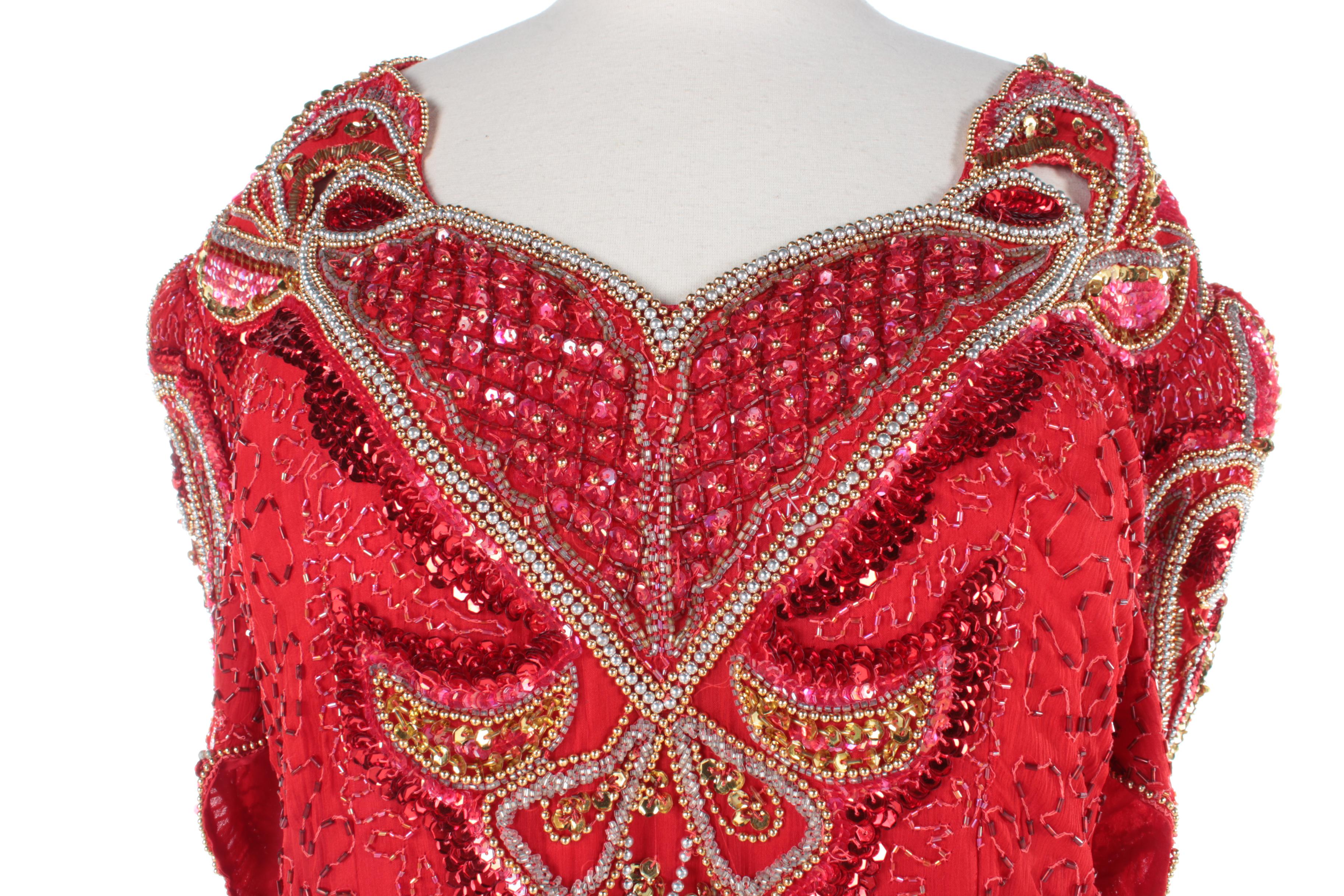 Women's Hi Fashions of California Beaded and Sequined Red Silk Evening Gown