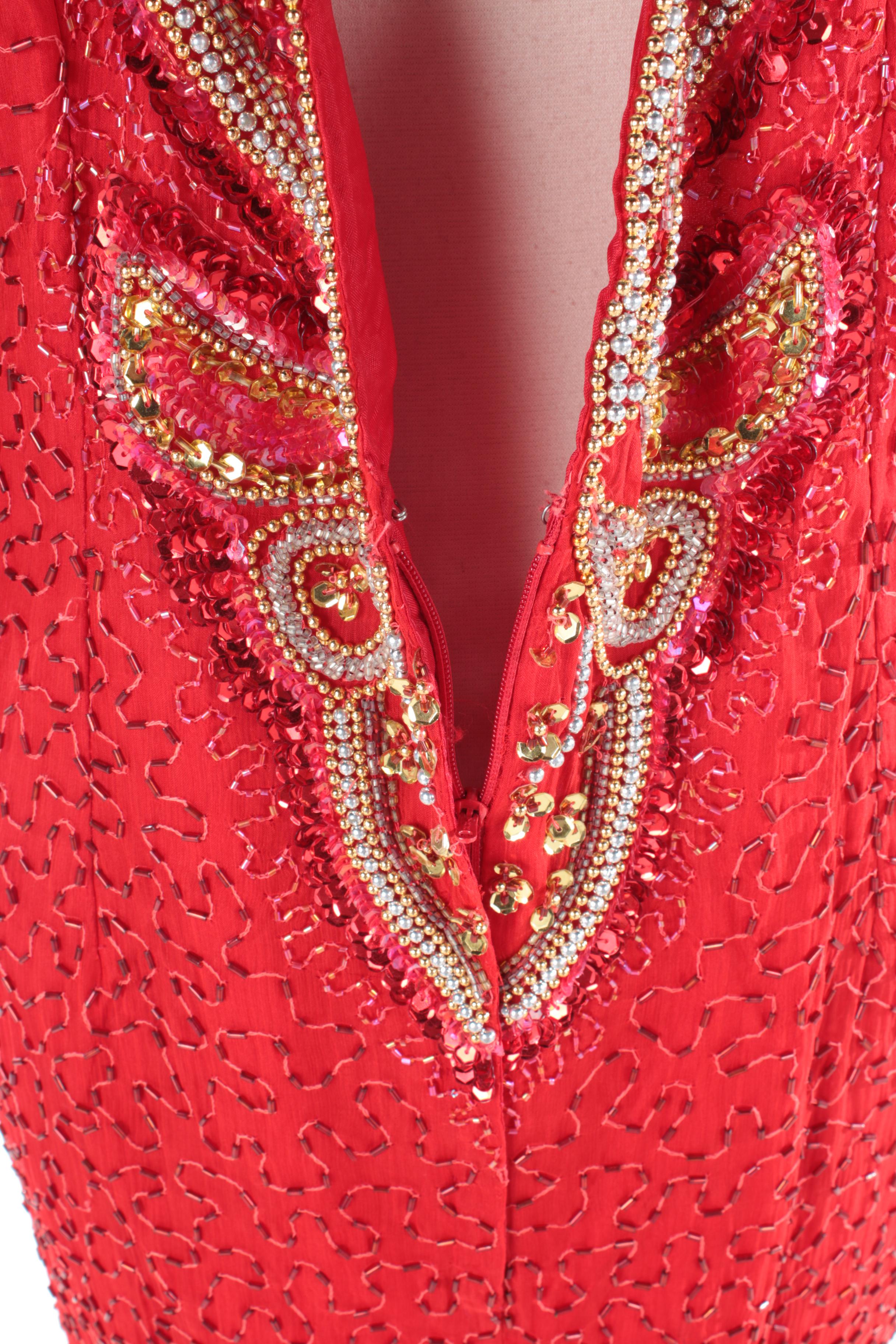 Women's Hi Fashions of California Beaded and Sequined Red Silk Evening Gown