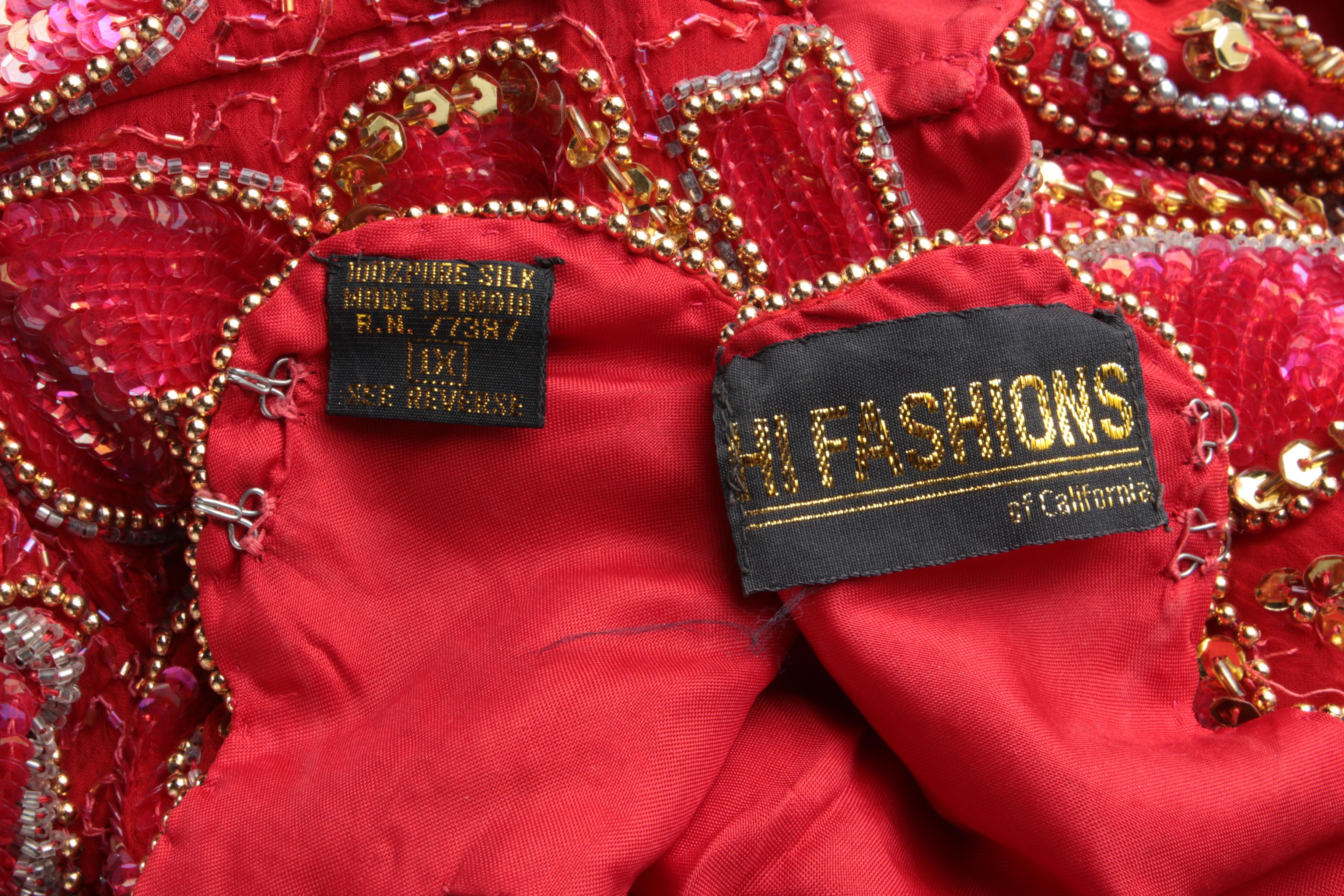 Women's Hi Fashions of California Beaded and Sequined Red Silk Evening Gown