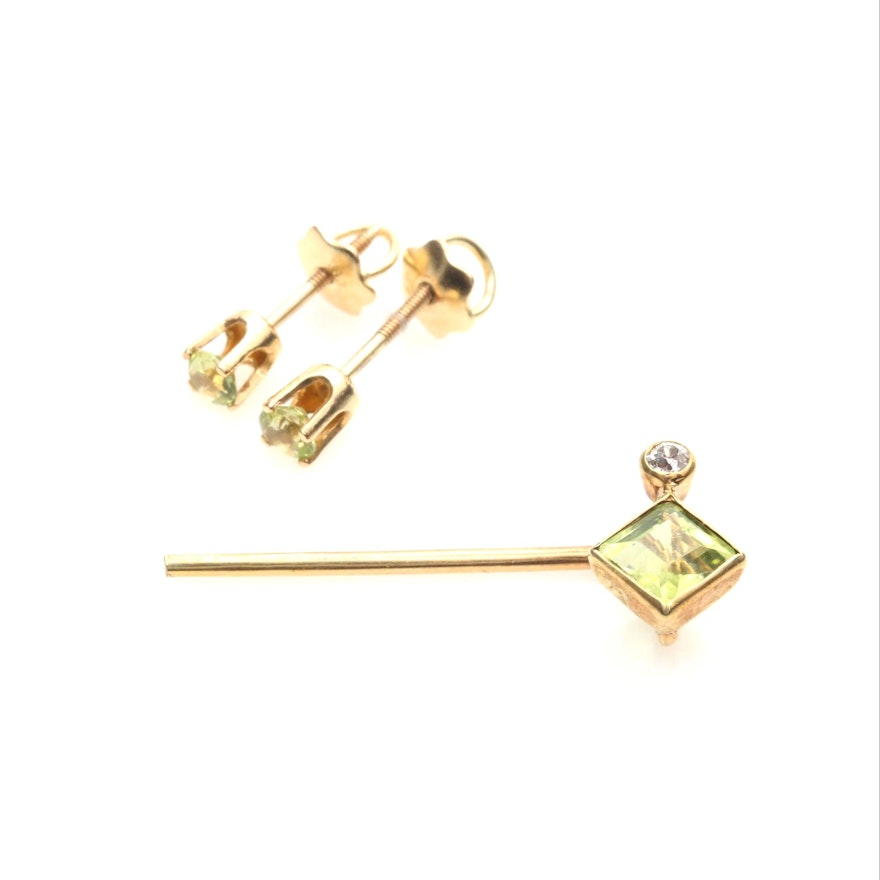 14K Yellow Gold Peridot Earrings and Stick Pin Featuring a Diamond