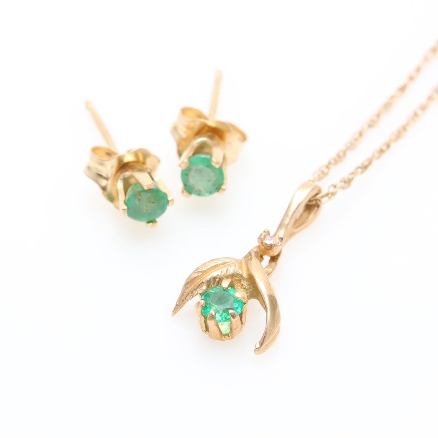 14K Yellow Gold Emerald and Diamond Necklace and Earrings