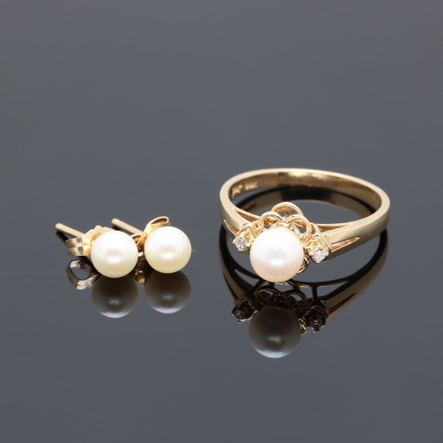 14K Yellow Gold Cultured Pearl and Diamond Ring and Earrings