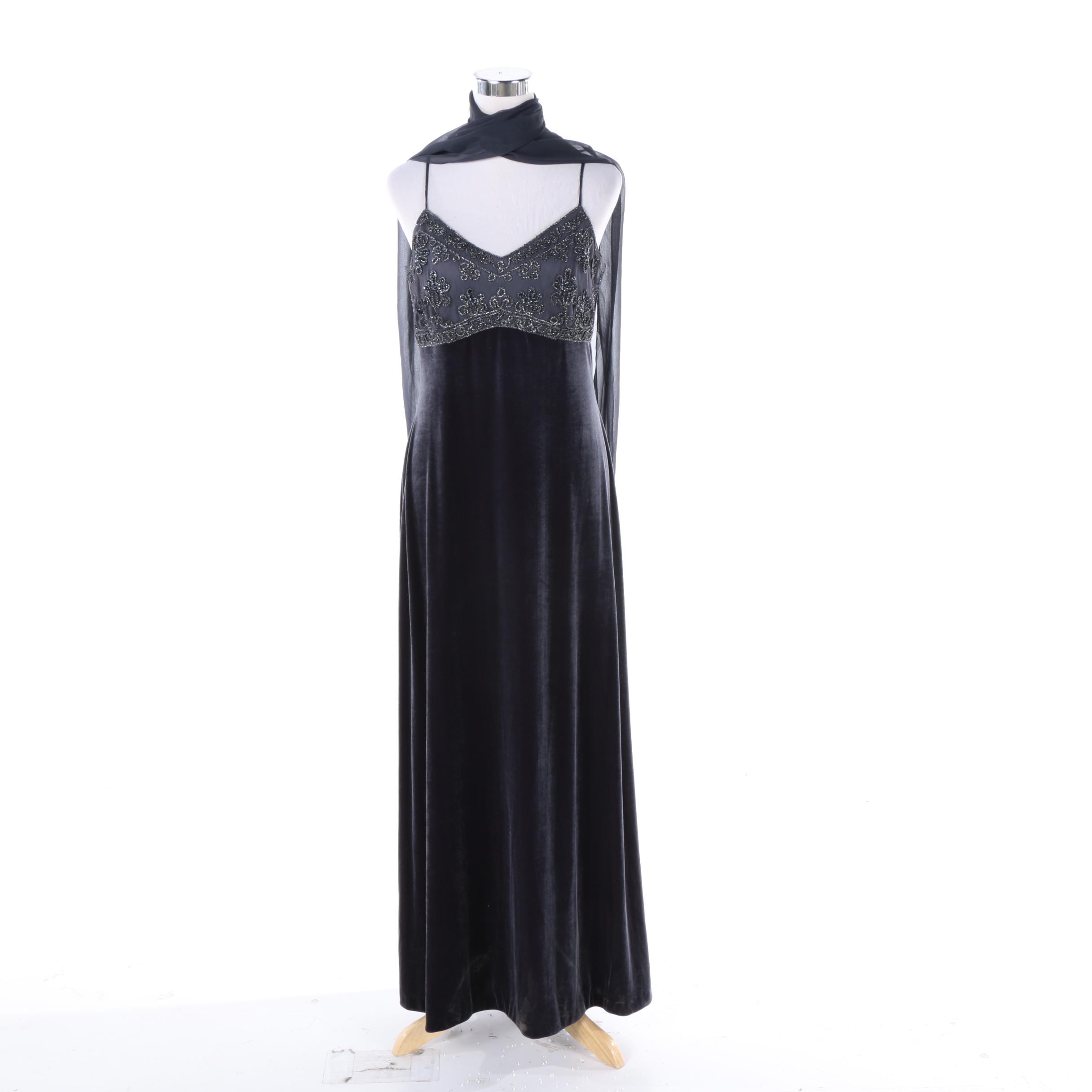 Women's Rhapsody Ltd. Beaded Velvet Evening Gown with Matching Scarf
