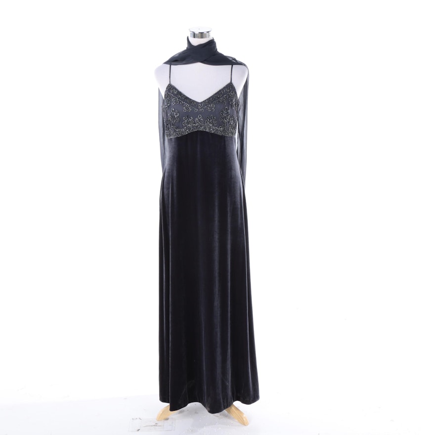 Women's Rhapsody Ltd. Beaded Velvet Evening Gown with Matching Scarf