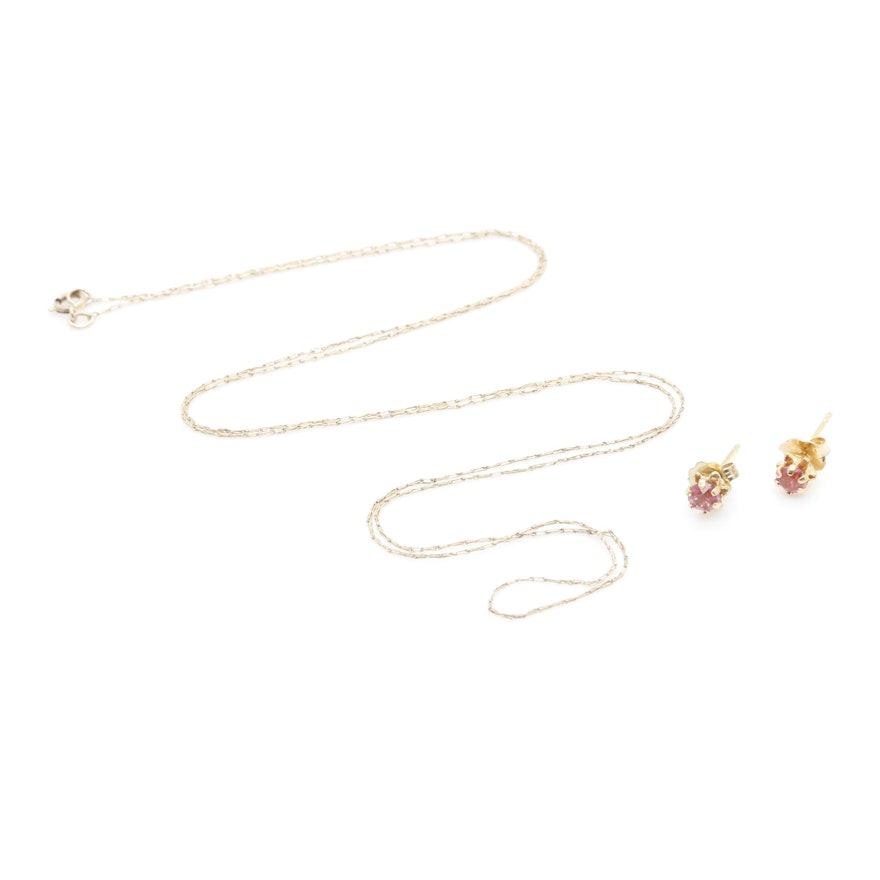 10K Yellow Gold Chain and Pink Glass Stud Earrings