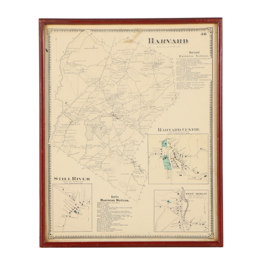 Circa 1870 Engraved Map of Harvard