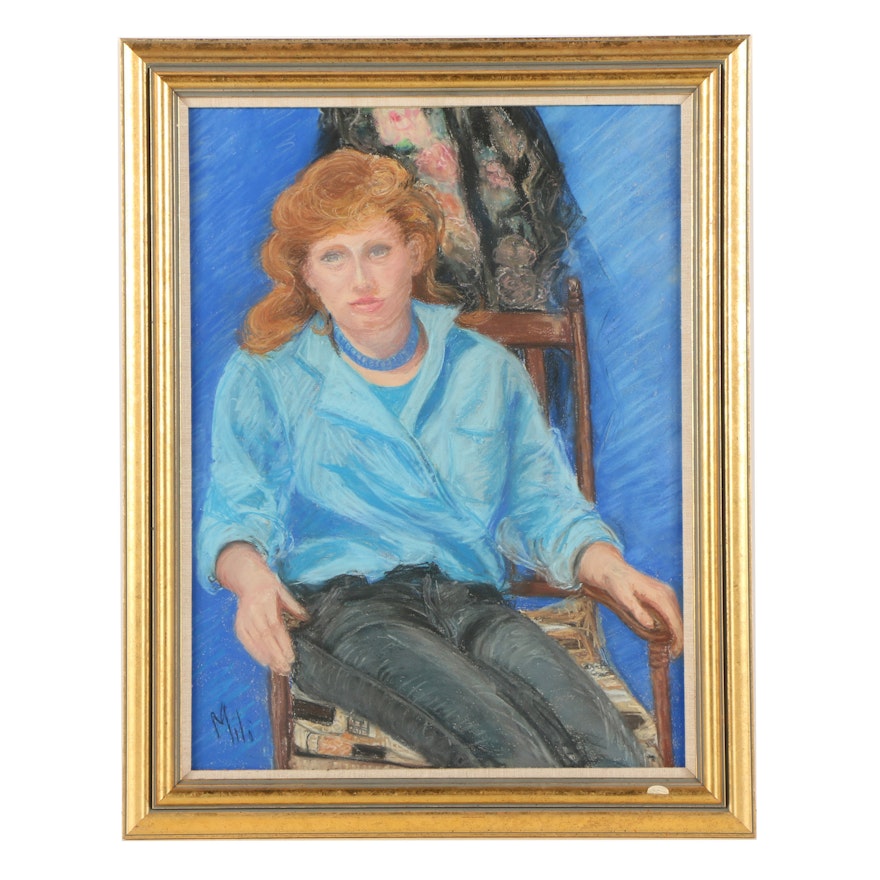 Maud Millicent Clapp Pastel Drawing "Girl in Blue"