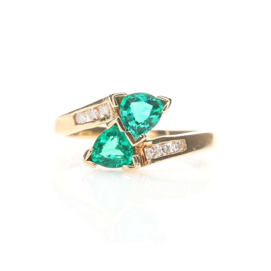 10K Yellow Gold Synthetic Emerald and Diamond Bypass Ring