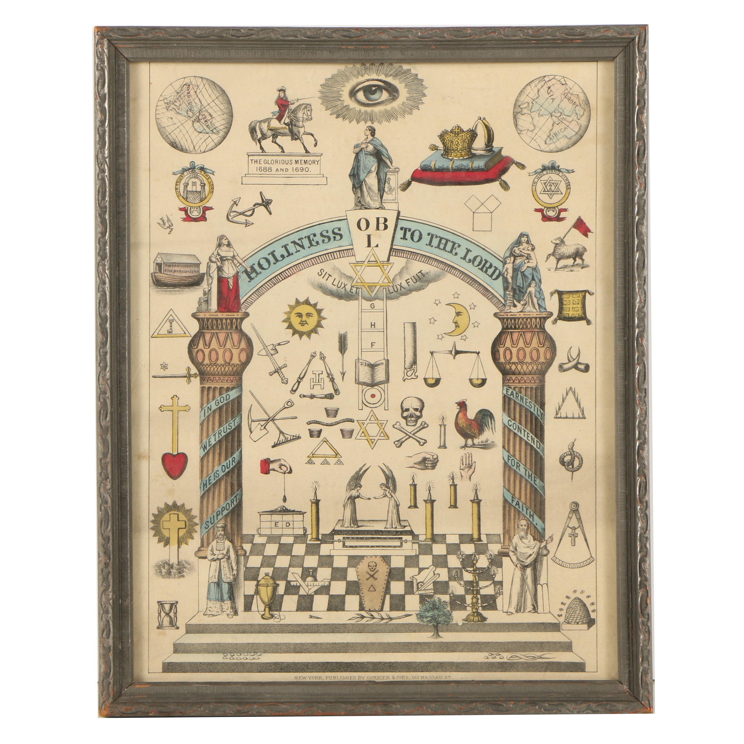 Currier & Ives Lithograph "Holiness to the Lord" Masonic Color Lithograph