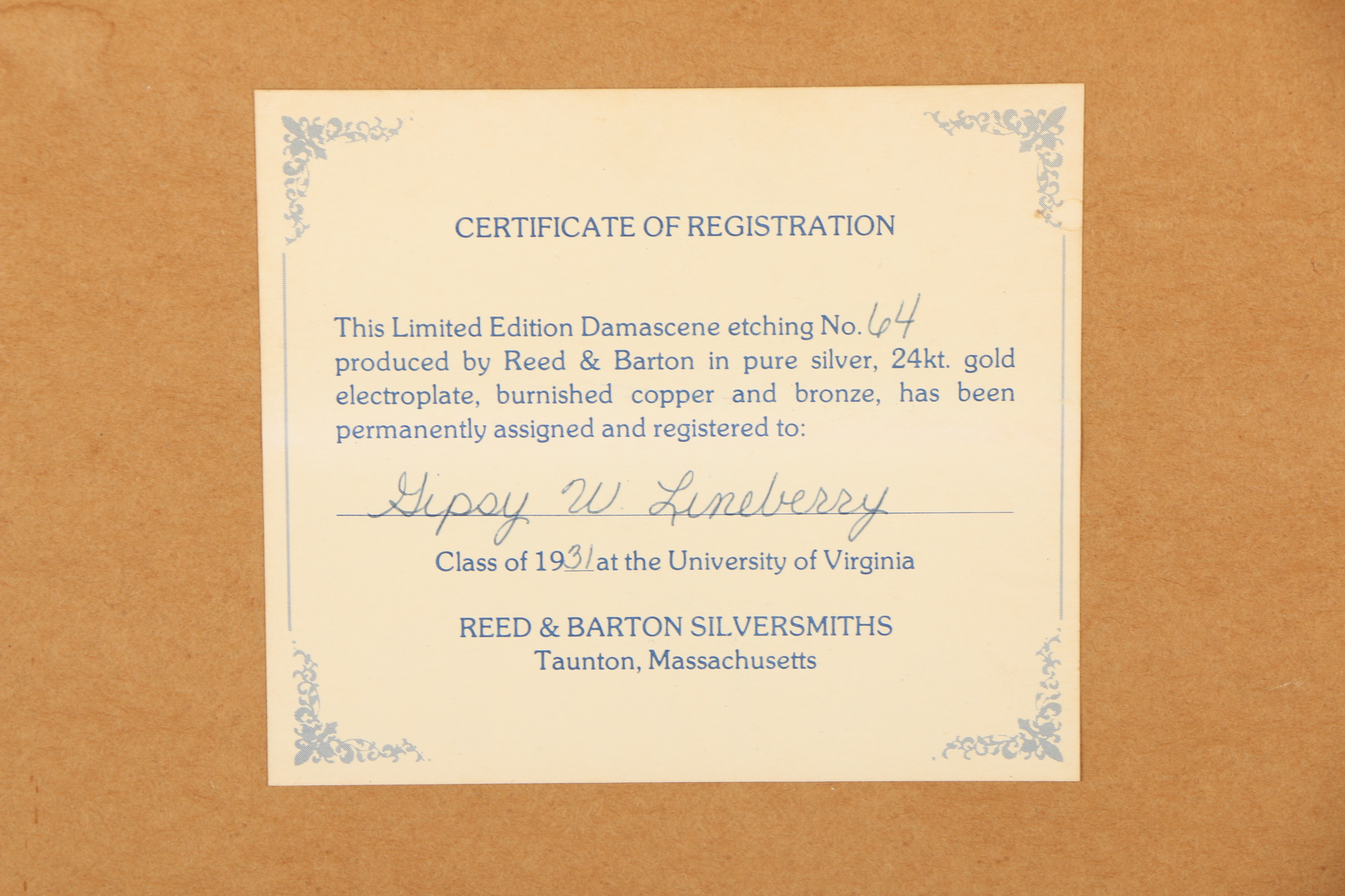 Reed & Barton Damascene University of Virginia Etchings