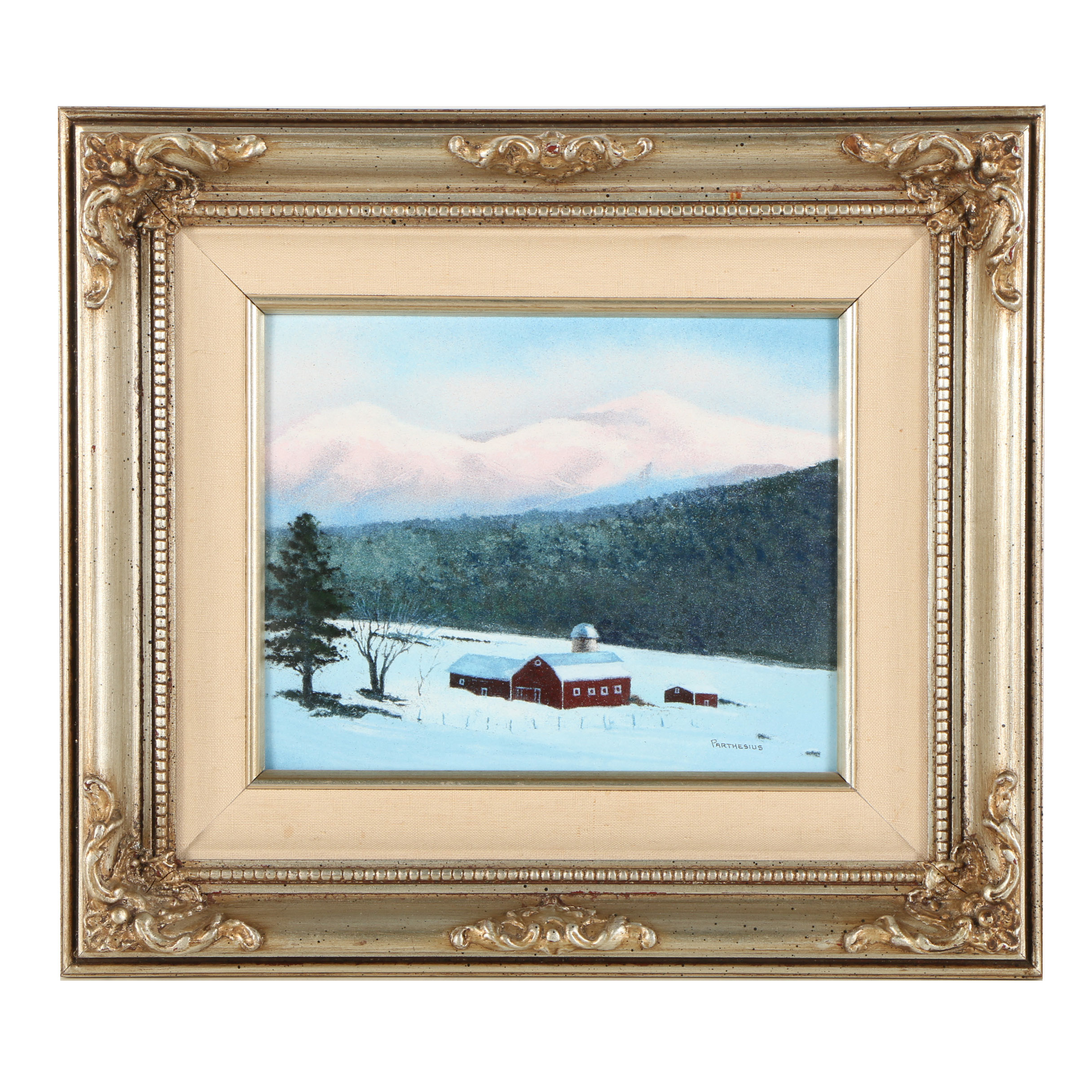 Charles Parthesius Enamel Painting on Copper of Winter Landscape