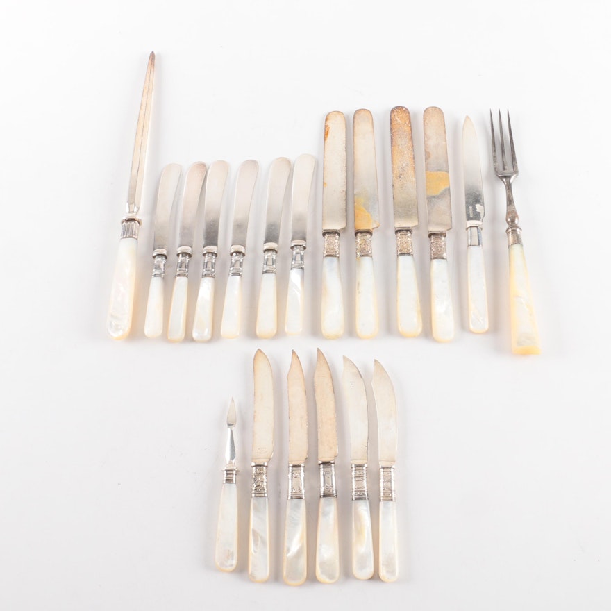 Mother of Pearl Handled Flatware Featuring Sterling and Silver Plate Collars