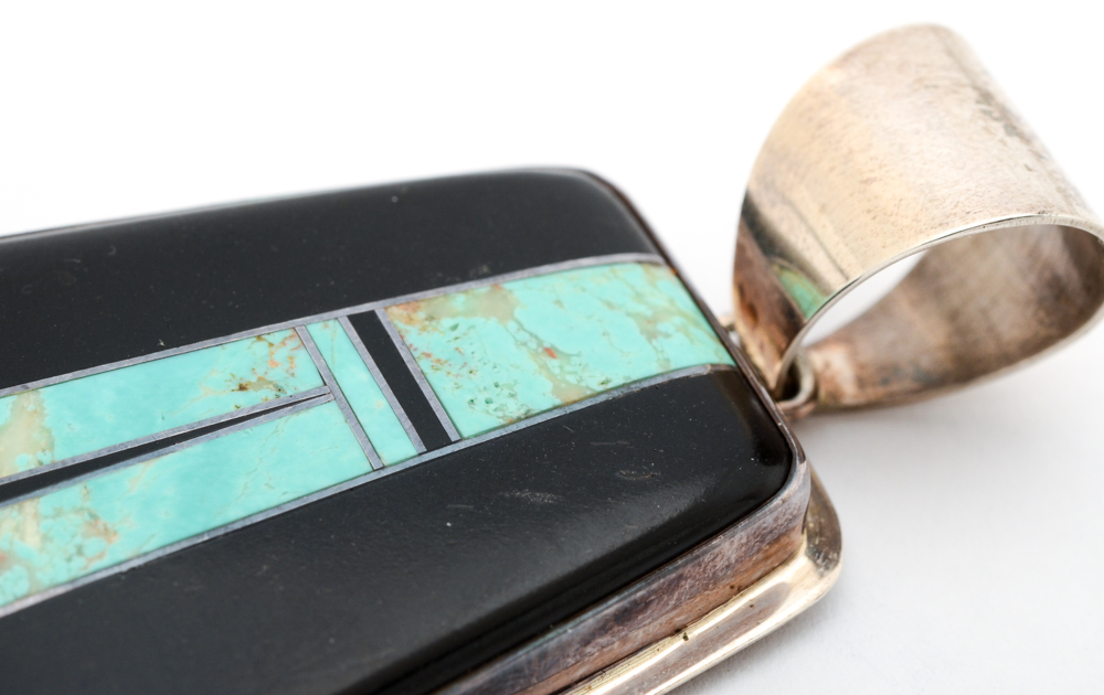 Ellouise Padilla Kiwa Turquoise and Onyx Inlaid Pendant for Sunrise Jewelers