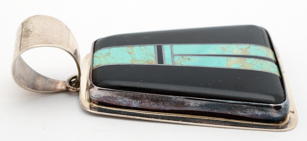 Ellouise Padilla Kiwa Turquoise and Onyx Inlaid Pendant for Sunrise Jewelers