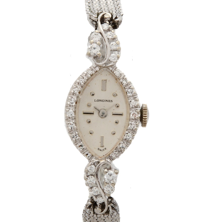 14K White Gold and Diamond Longines Dress Watch