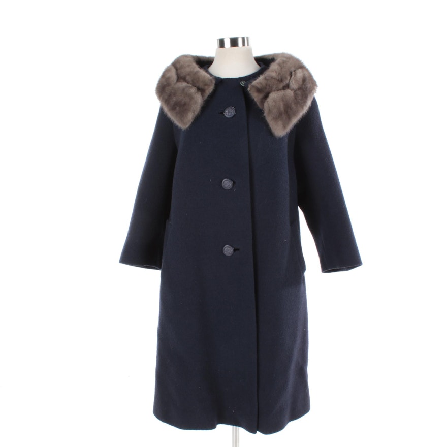 Women's Navy Blue Wool Coat with Gray Mink Fur Collar