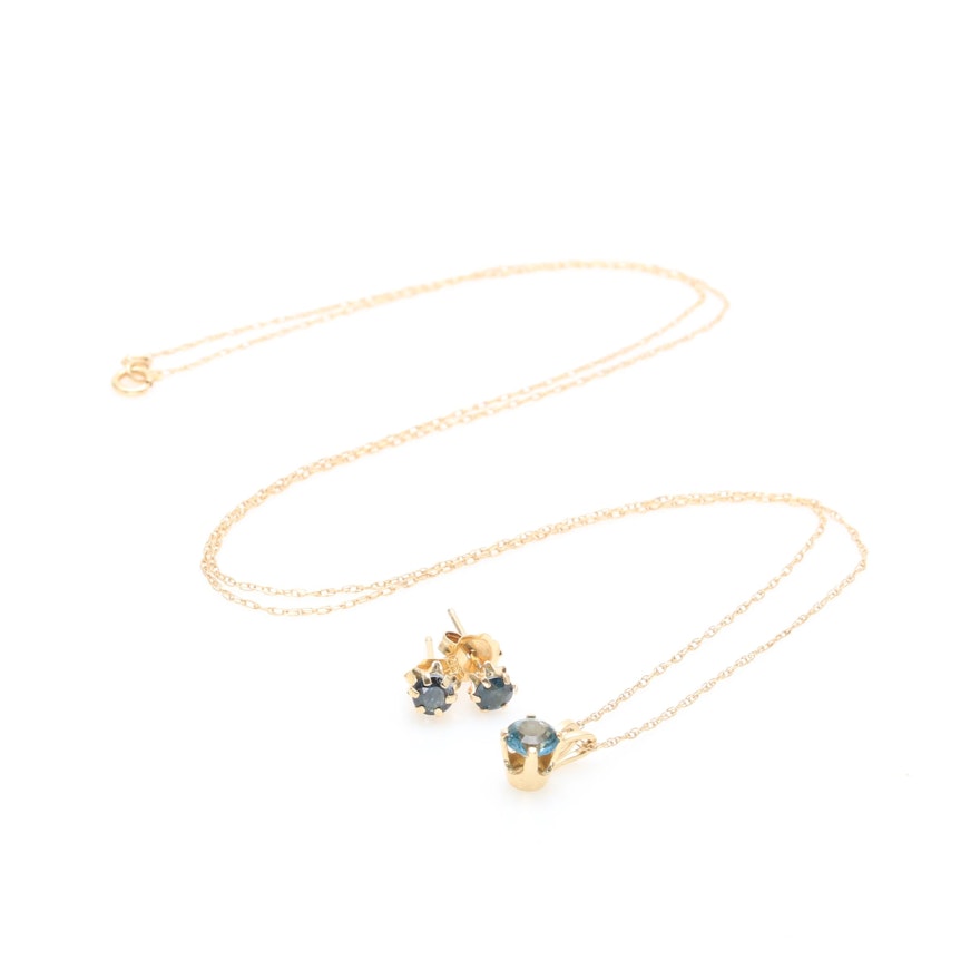 14K Yellow Gold Sapphire and Spinel Necklace and Earrings