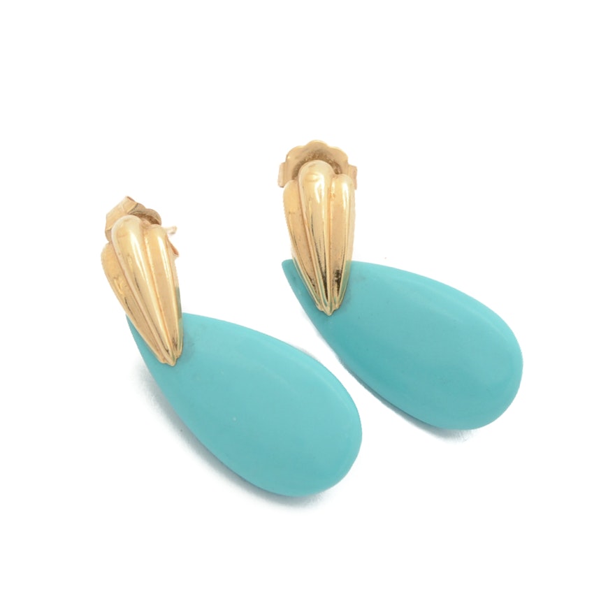 14K Yellow Gold Drop Earrings With Imitation Turquoise