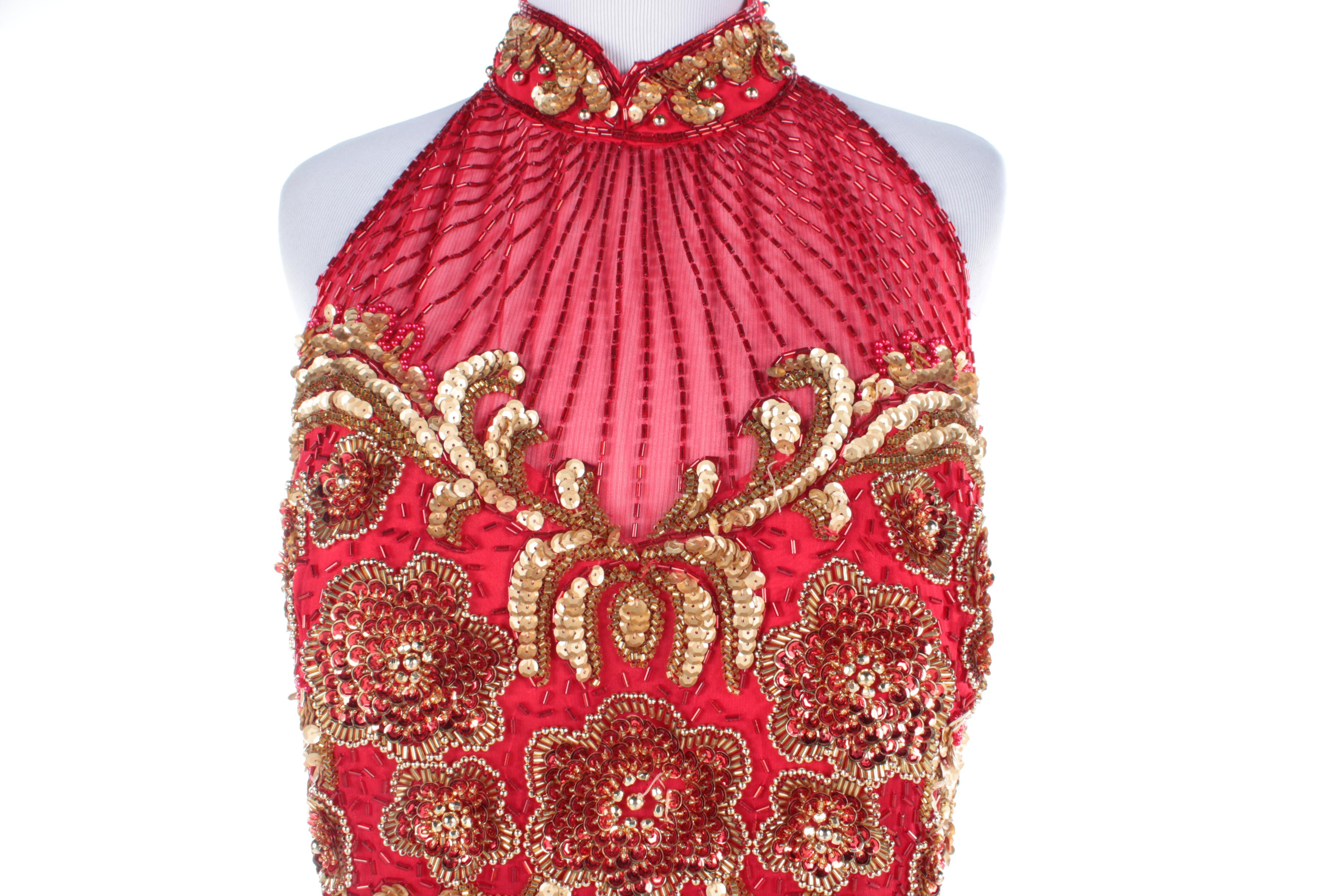 Vintage Alvce Designs Red Beaded Silk Halter Dress