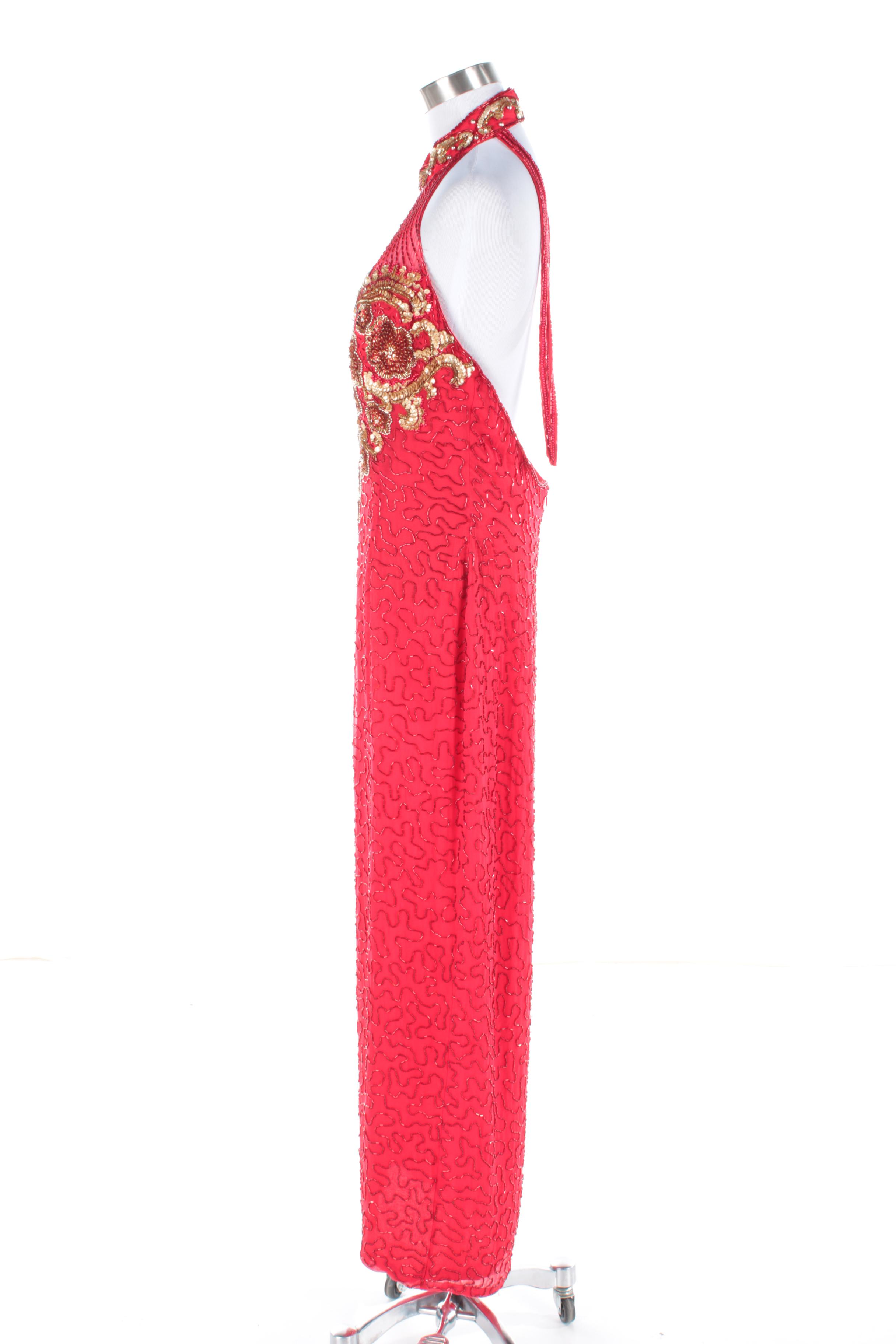 Vintage Alvce Designs Red Beaded Silk Halter Dress