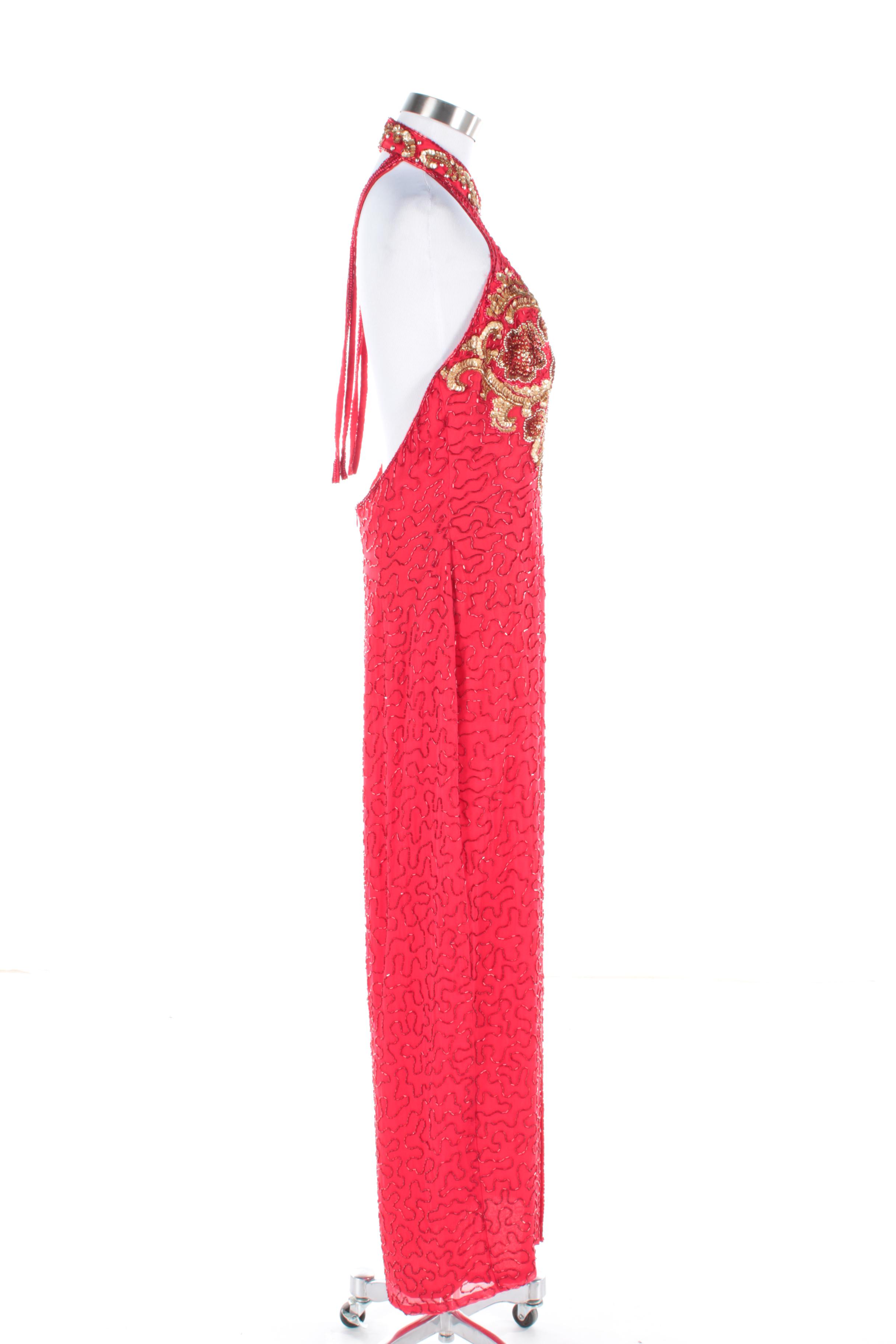Vintage Alvce Designs Red Beaded Silk Halter Dress
