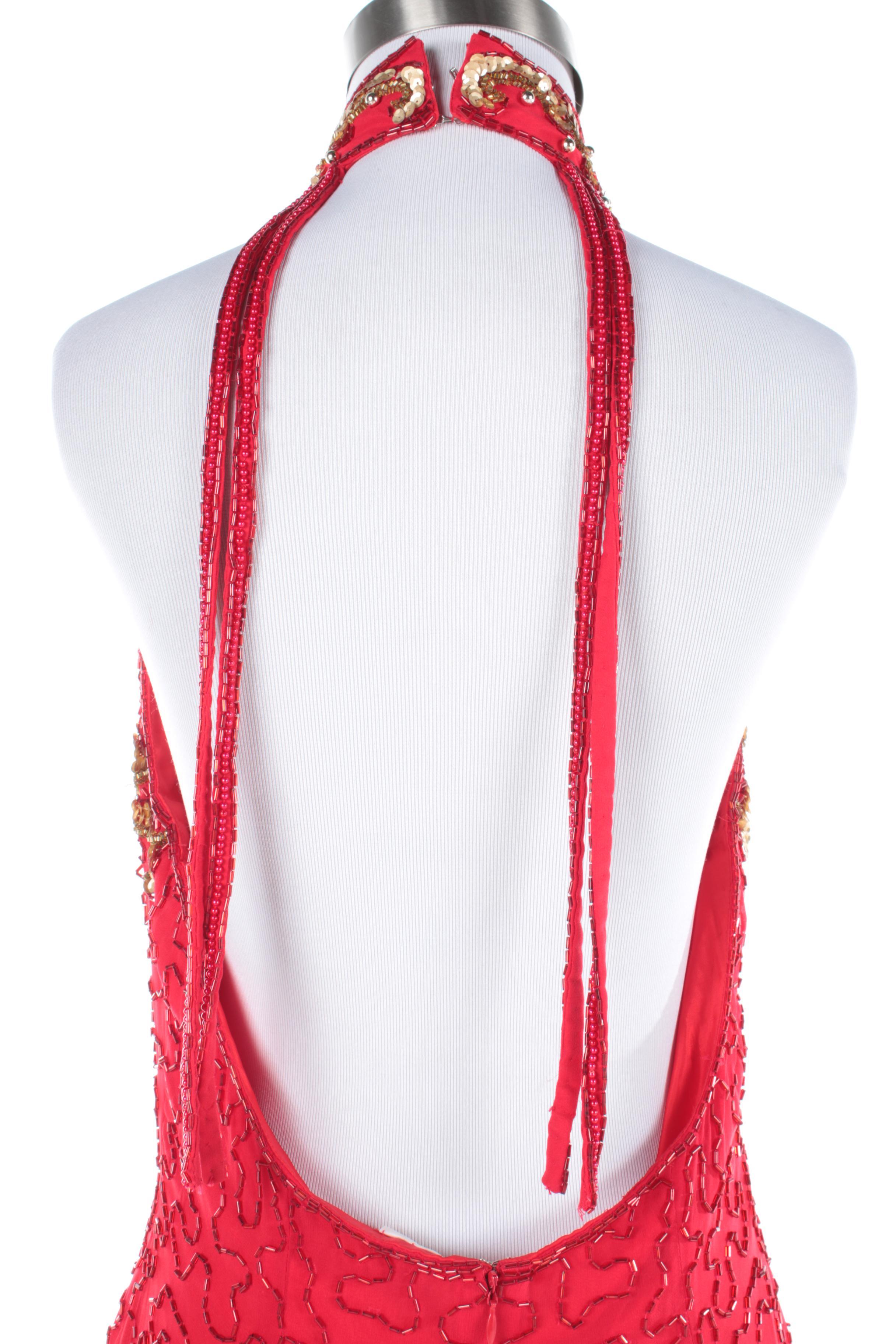 Vintage Alvce Designs Red Beaded Silk Halter Dress