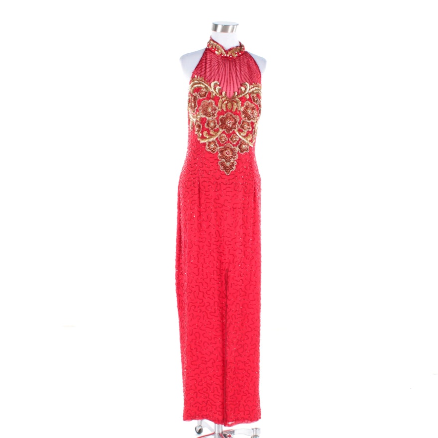 Vintage Alvce Designs Red Beaded Silk Halter Dress