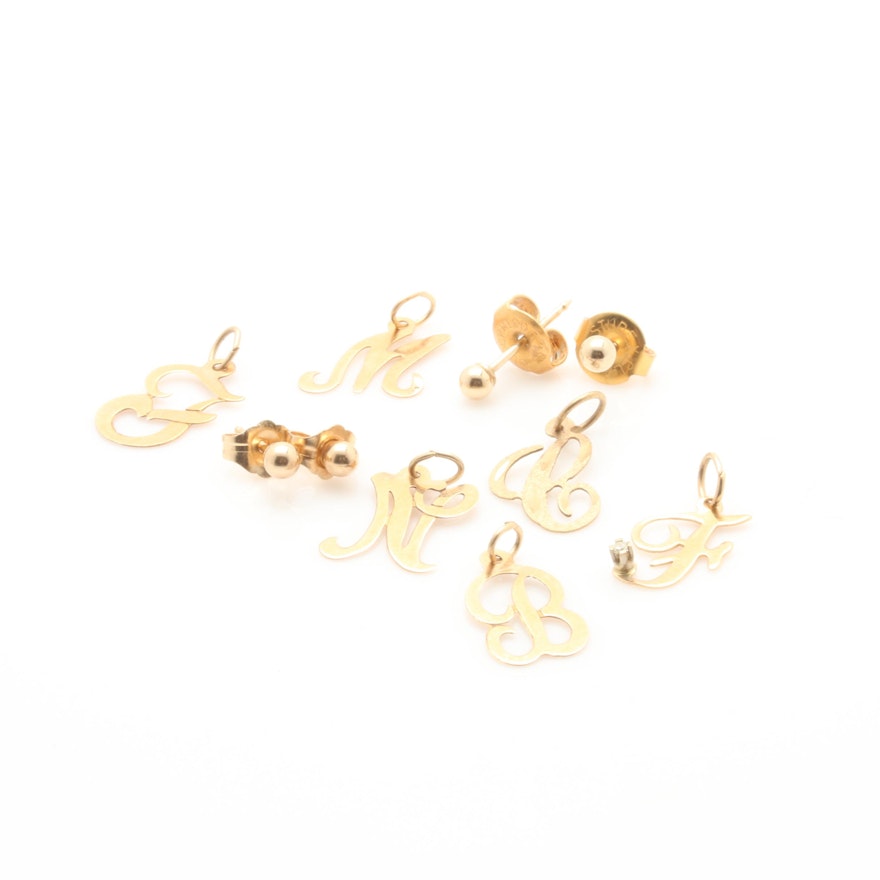 14K Yellow Gold Initial Charms and Earrings Including One Diamond Charm