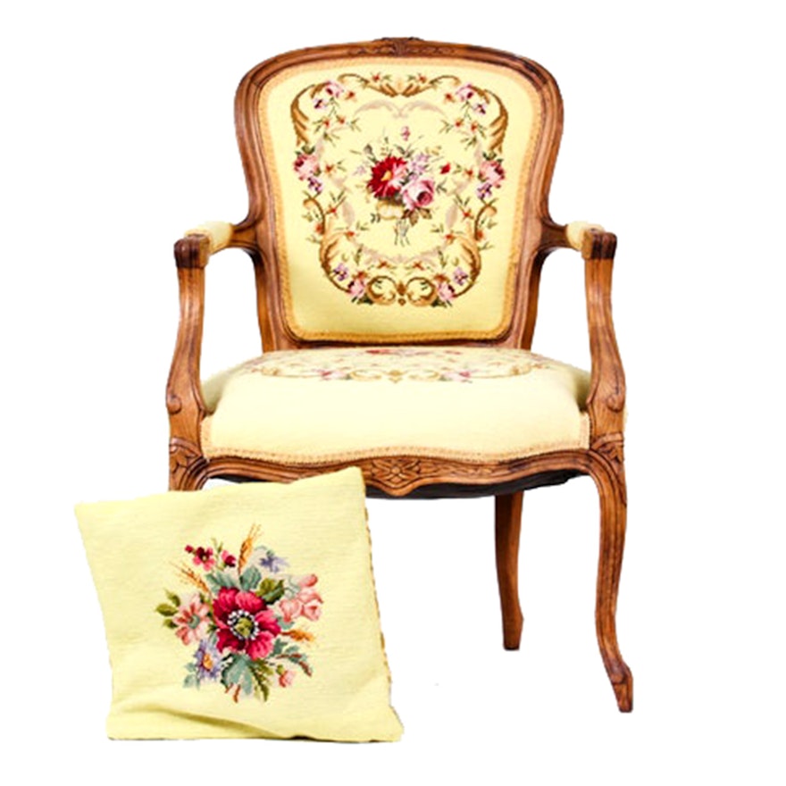 Louis XV Style Upholstered Needlepoint Armchair