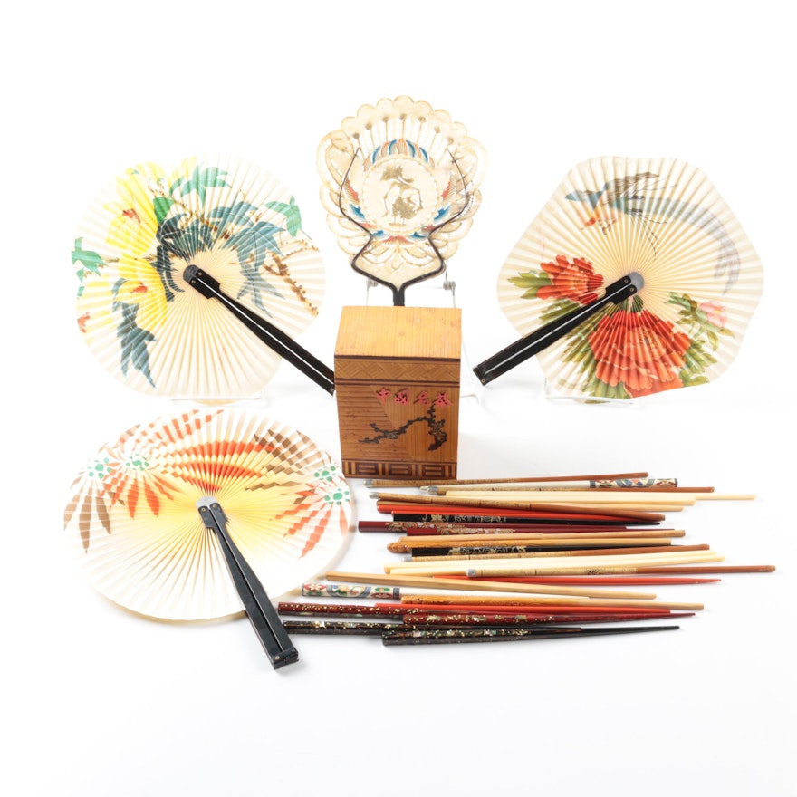 Bamboo Trinket Box with Chopsticks and Hand Fans