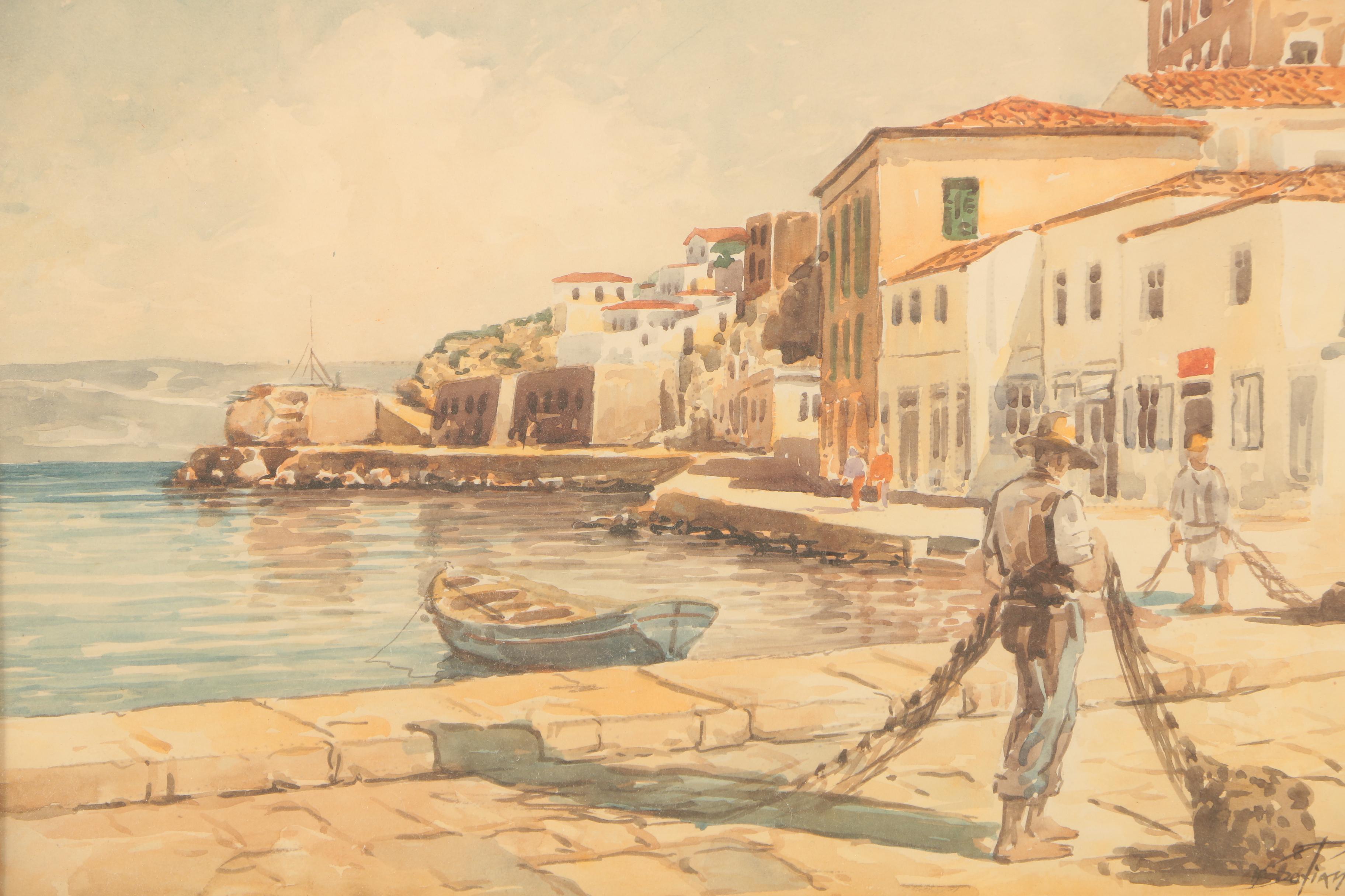 Mid 20th Century Watercolor Painting "Aegean Port"