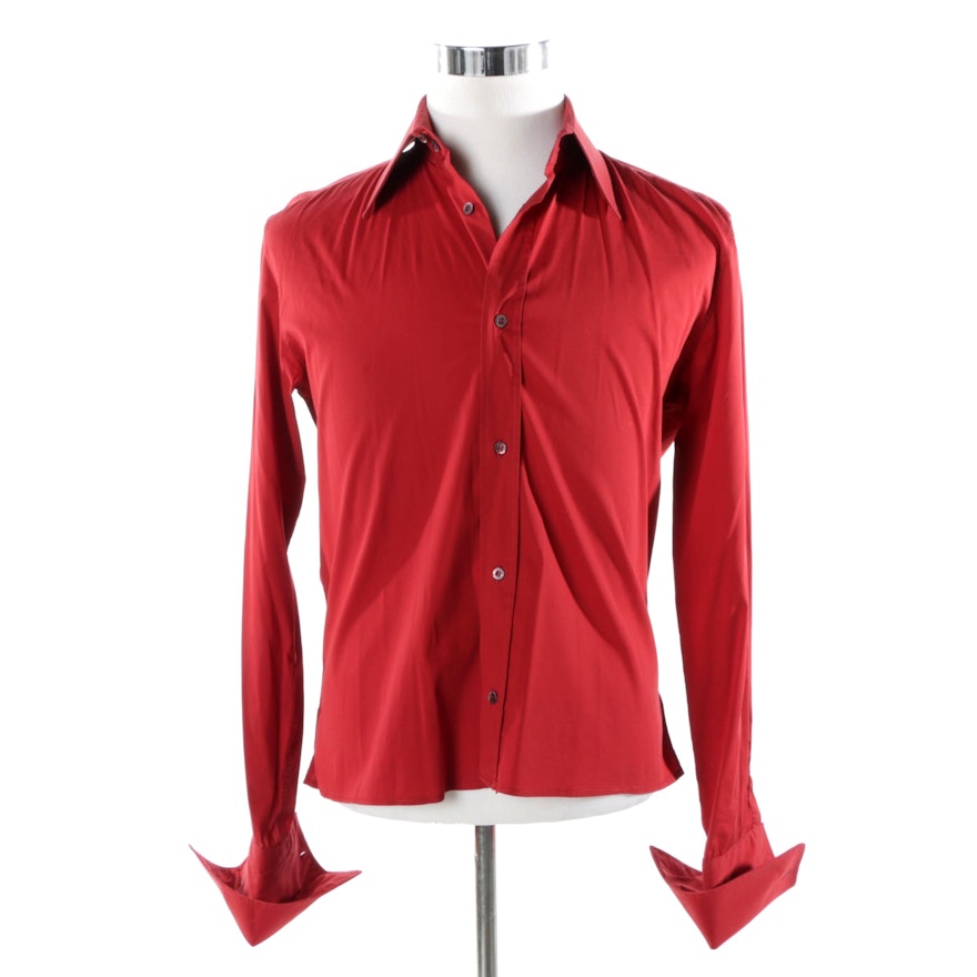 Men's Gucci Red Silk Blend Button-Front Shirt with Dyed Mother of Pearl Buttons