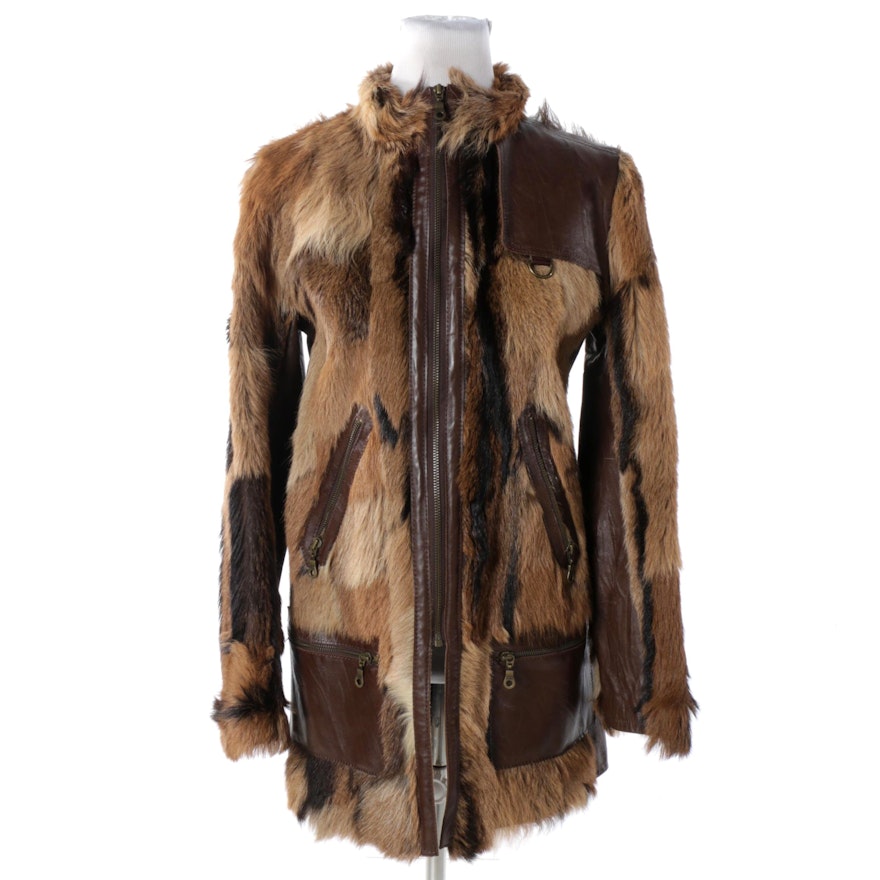 Women's Brown Goat Fur and Leather Coat